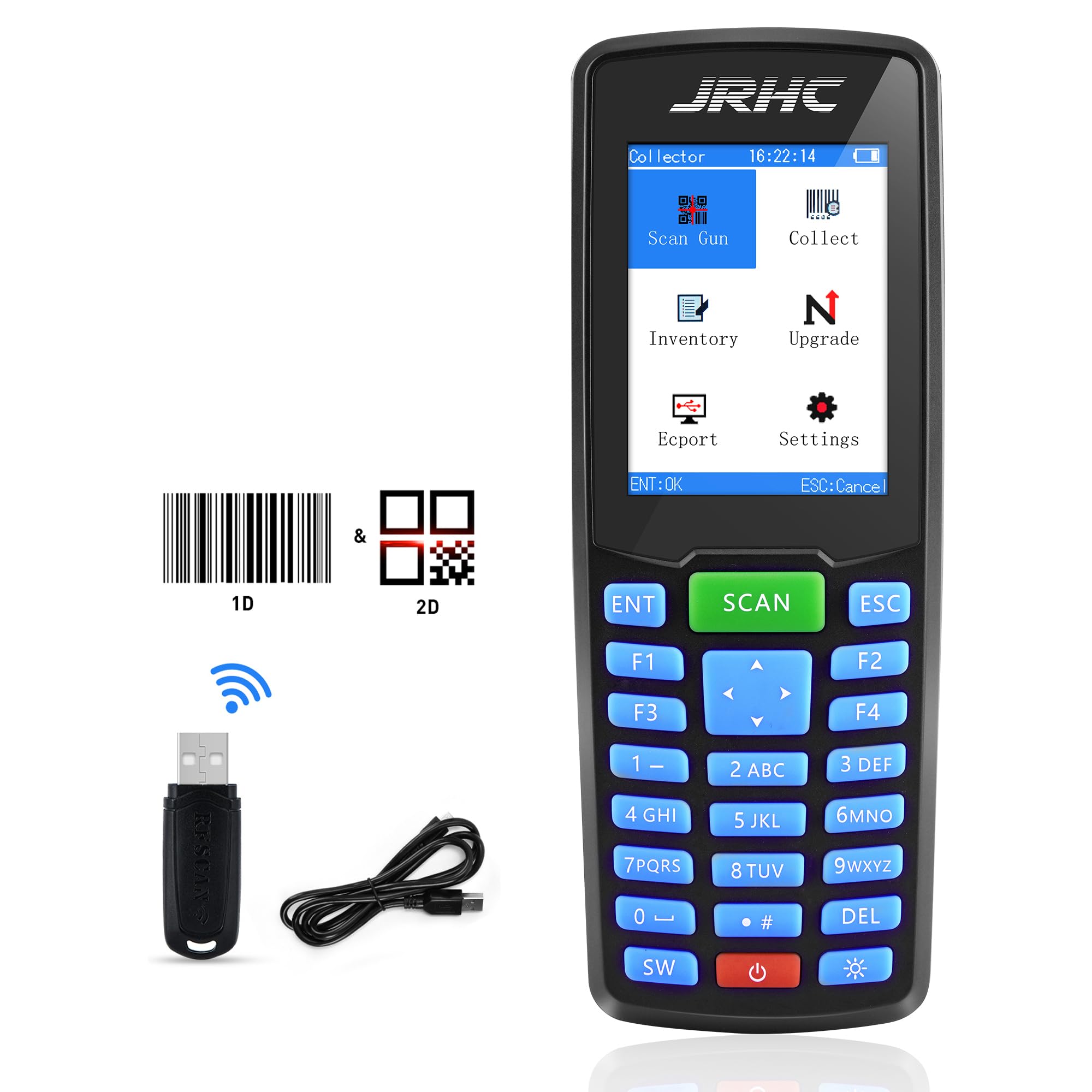 JRHC 1D 2D Wireless Barcode Scanner - Portable Inventory Management Device with 2.8