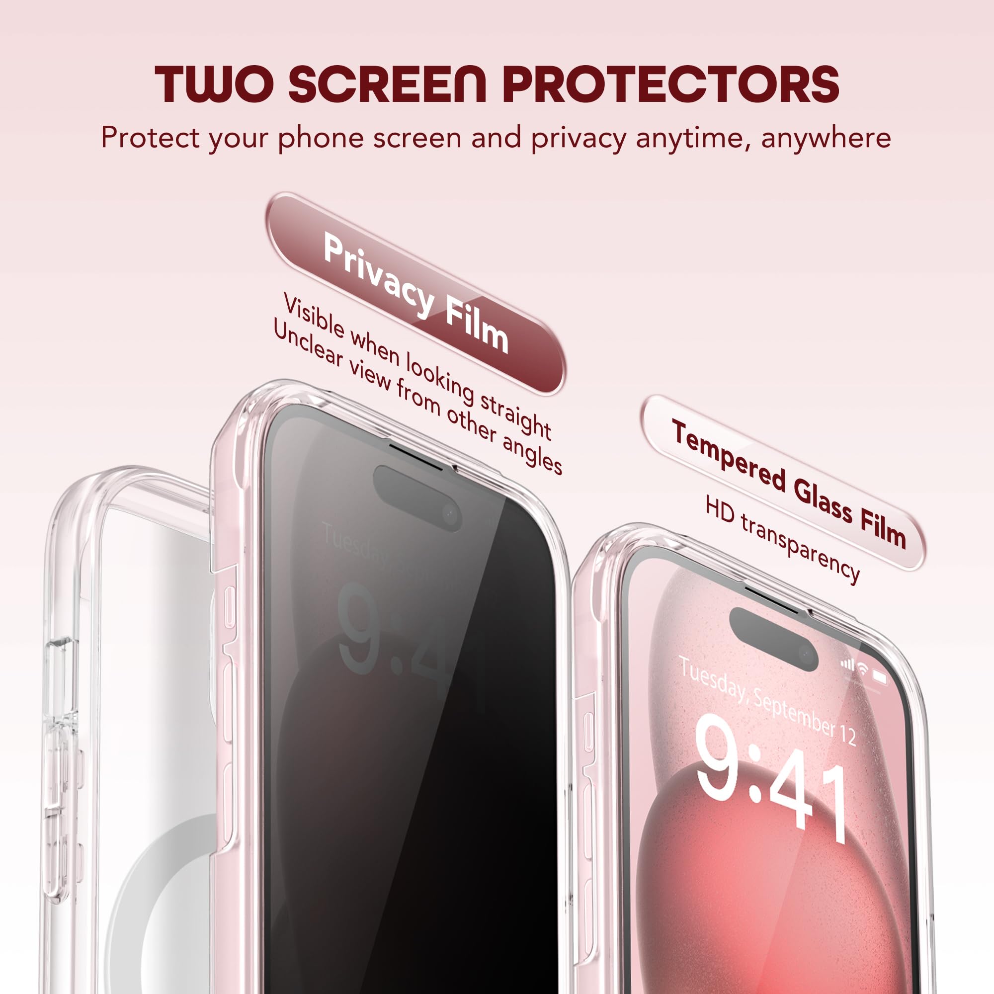 Magnetic iPhone 15 Plus Case with Magsafe Compatibility - Dustproof Design, Built-in Privacy Screen Protector, 9H Tempered Glass & Upgraded Camera Protection - Clear Protective Cover for Work, Travel & Daily Use