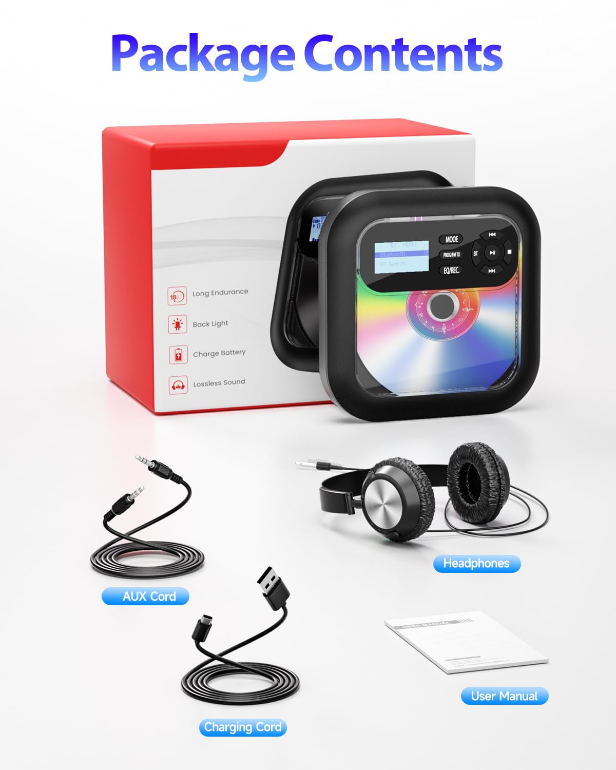 Portable Bluetooth CD Player with Built-in Speakers, Rechargeable Battery, FM Radio & AUX Input - Supports Headphones for Home, Car and Travel Use
