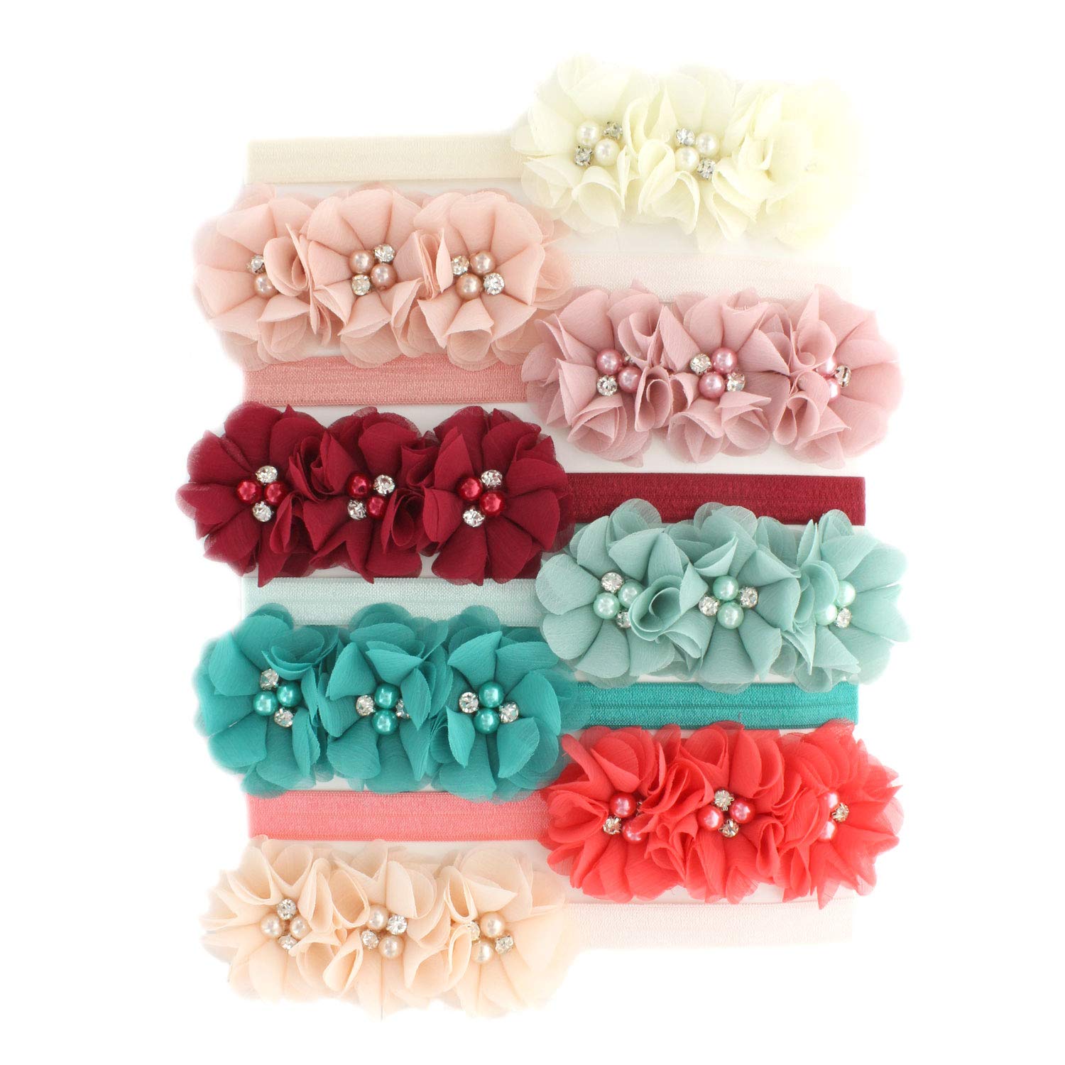 Lello Stretchy Elastic Flower Headbands for Baby Girls & Toddlers - Soft Fabric Beaded Hair Accessories for Parties, Photos & Everyday Wear