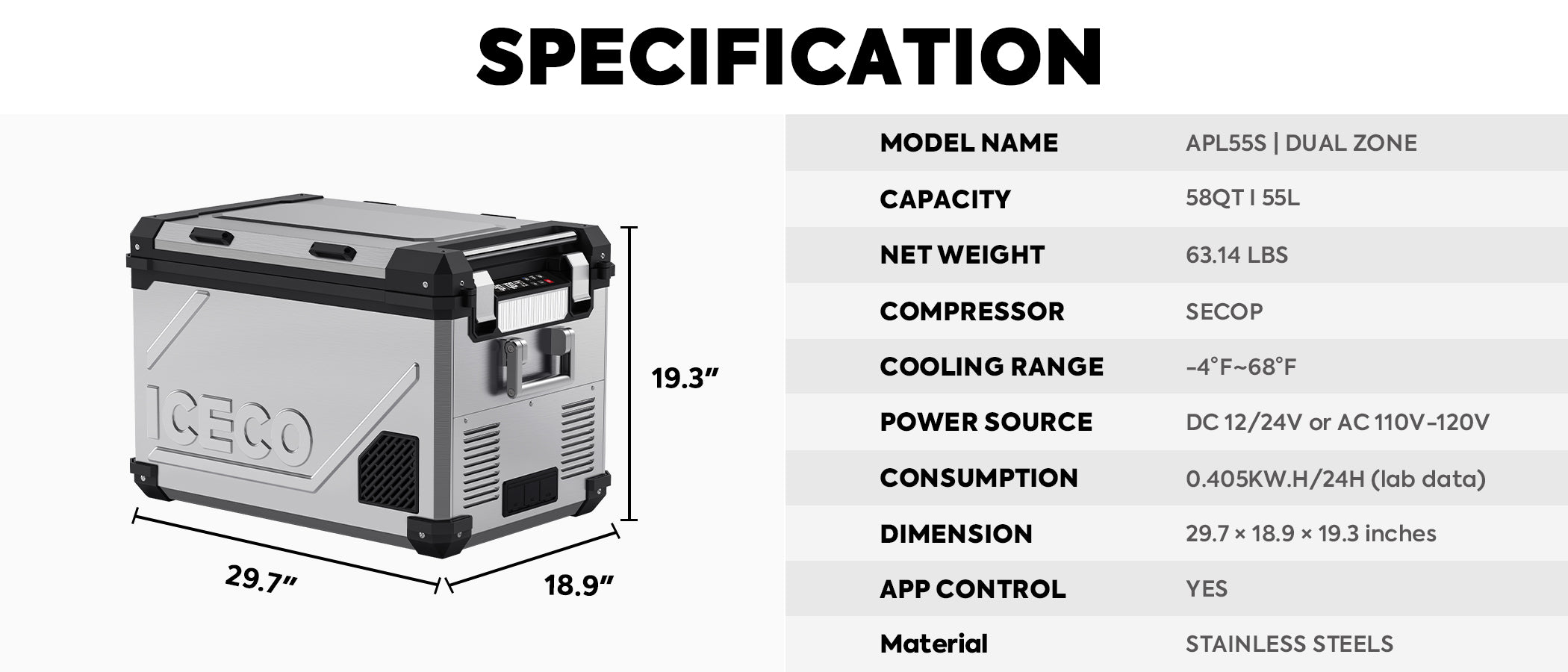 ICECO APL55 55L Dual Zone 12V Portable Car Refrigerator Freezer for Camping, Road Trips & RV Travel - Compact Fridge for Food, Drinks & Medication Storage