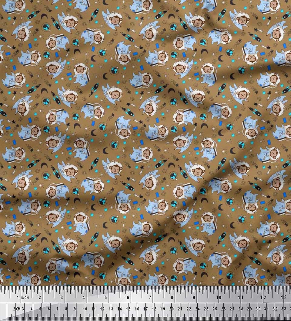 Soimoi Silk Brown Fabric by The Yard - 42 Inch Wide - Rocket Planet Astronaut Monkey Cartoon Kids Textile - Cosmic Playful Printed Fabric for Kids Fashion, DIY Clothing & Home Decor Projects