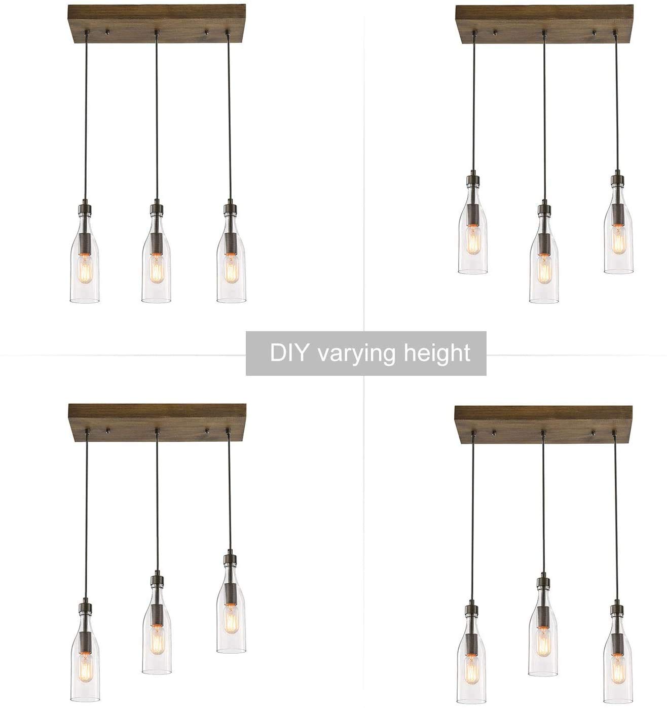 LNC Wooden Pendant Lights - Adjustable 3-Height Clear Glass Bottle Chandelier for Kitchen Island, Dining Room, Bar & Farmhouse Decor