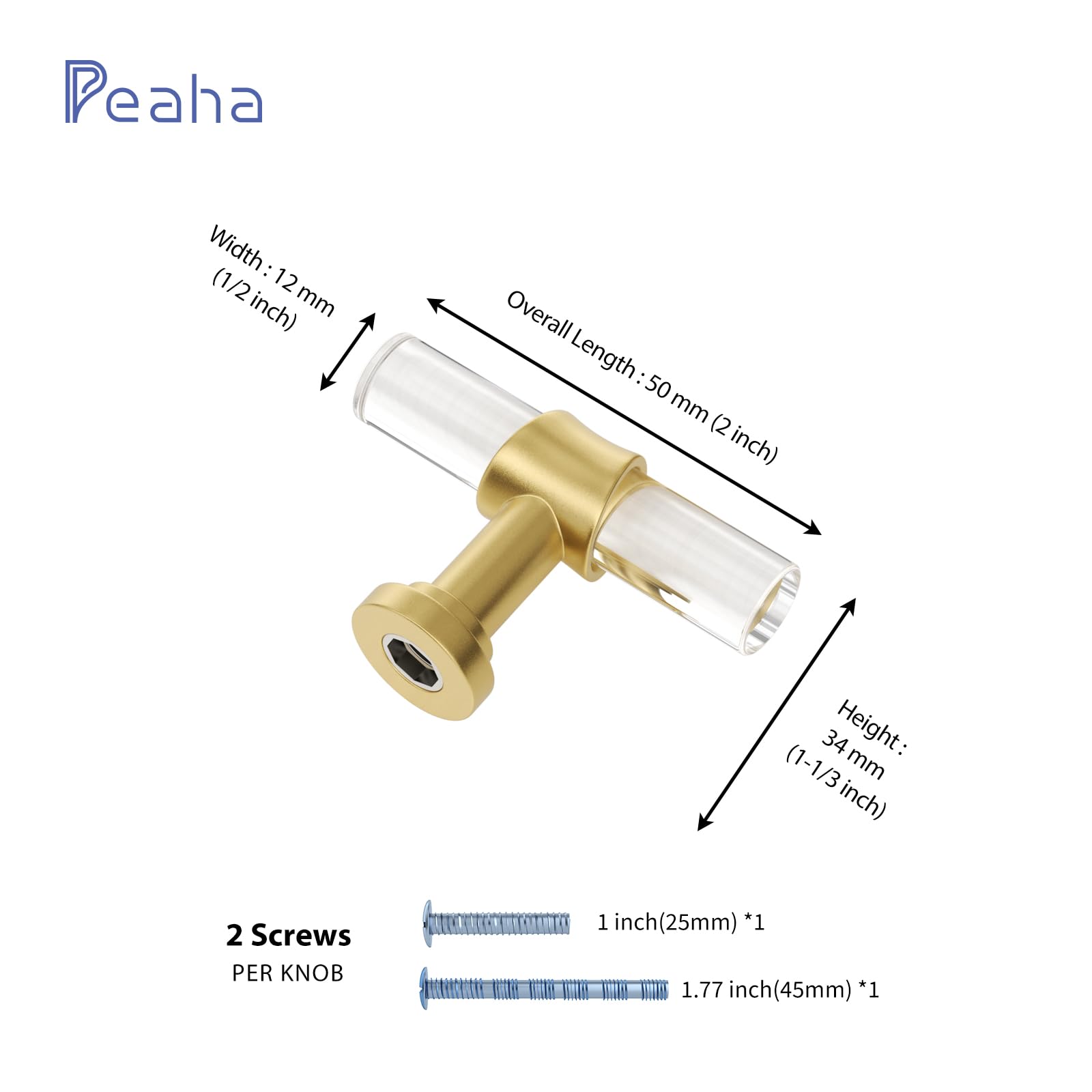 Peaha 100 Pack Gold Cabinet Knobs - 2 Inch Clear Acrylic Drawer Pulls for Bathroom Vanity, Kitchen Cabinets & Furniture (Single Hole Installation) - Perfect for Home Renovation, DIY Projects & Interior Decoration