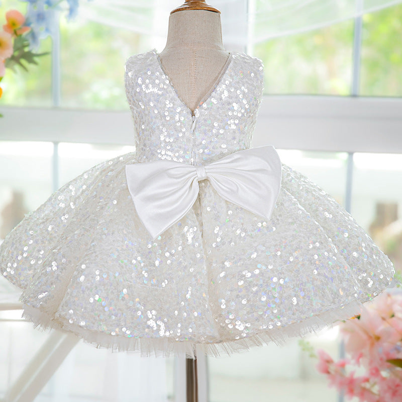Elegant White Sequined Puff Sleeve Princess Dress for Baby Girls - Perfect for Christening, Baptism, Birthday Parties & Special Occasions