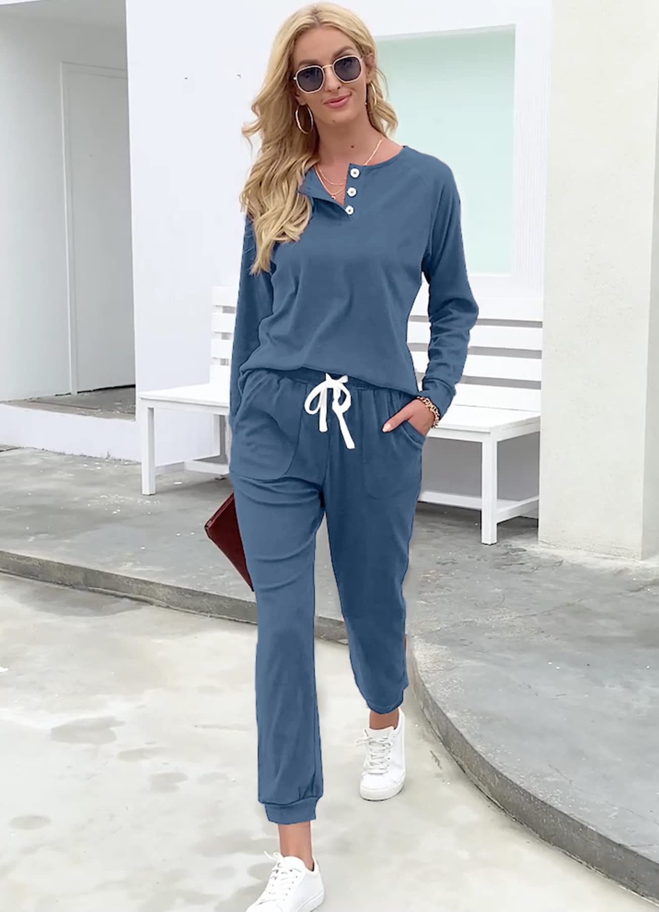 WIHOLL Women's 2-Piece Lounge Set - Button Down Sweatshirt & Sweatpants Outfit with Pockets | Comfortable Loungewear for Home, Yoga, and Casual Wear