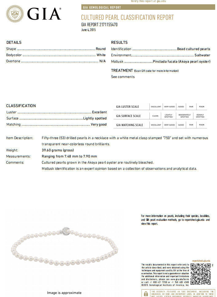 GIA Certified 53 Natural Akoya Pearls Necklace - 18kt White Gold Saltwater Cultured Pearls for Women | Elegant Jewelry Gift for Wedding, Anniversary & Special Occasions