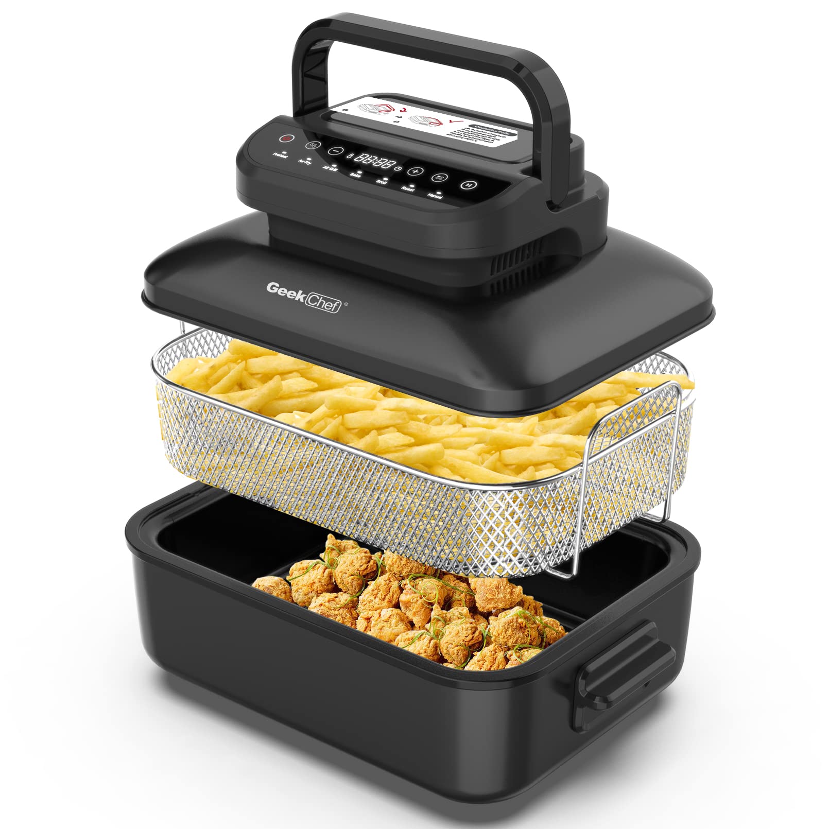 Geek Chef 7-in-1 Air Fryer & Electric Indoor Grill Combo - 1500W Smokeless Tabletop Grill with Griddle, Broil, Roast, Bake & Crisp Functions | Non-Stick, Dishwasher Safe & Oil-Free Cooking | Perfect for Small Kitchens, Apartments & Healthy Meal Prep (Black)