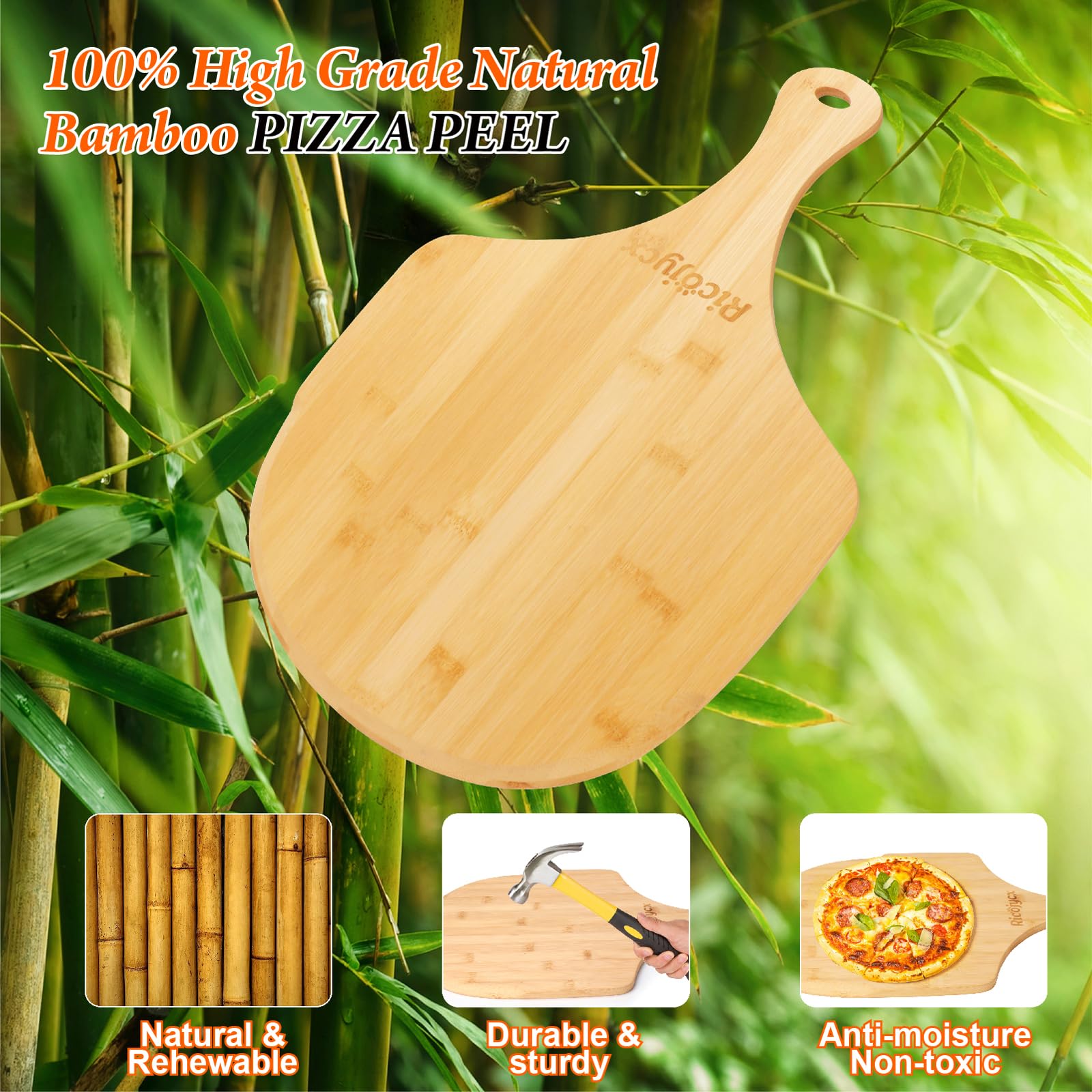 2 Pack Natural Bamboo Pizza Peel 12 Inch - Wooden Pizza Paddle & Cutting Board with Handle for Baking, Cooking & Serving - Perfect for Pizza, Bread, Cheese, Vegetables & Fruits - Ideal for Home Kitchens, Restaurants & Outdoor BBQs