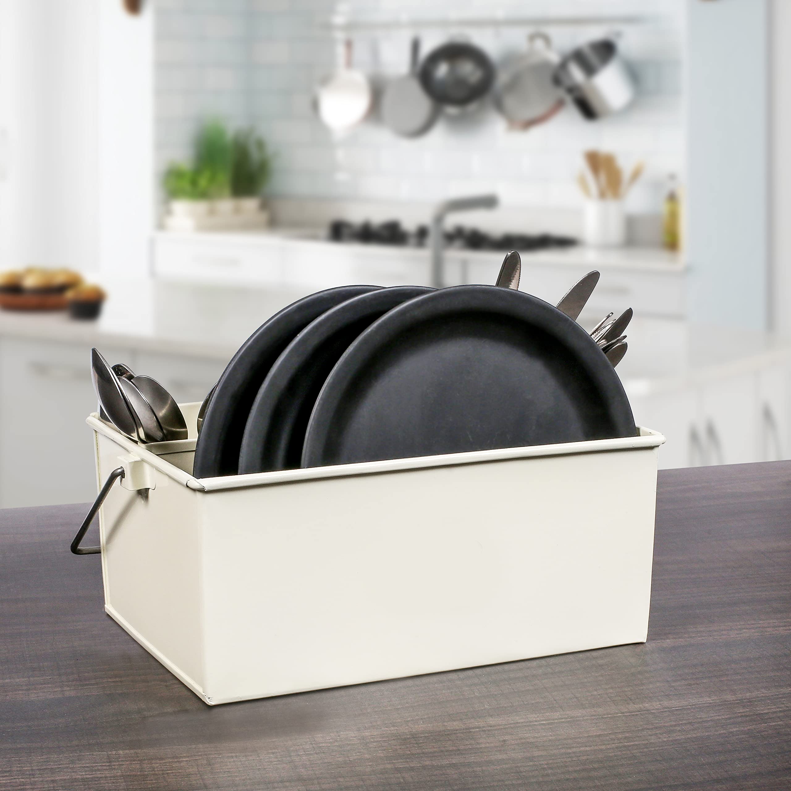 Rustic Galvanized Steel Utensil Organizer - Farmhouse Style Kitchen Caddy with Removable Handle | Multi-Compartment Storage for Cooking Tools, Picnic Supplies & Outdoor Entertaining | Perfect for Countertop, Camping & BBQ Parties