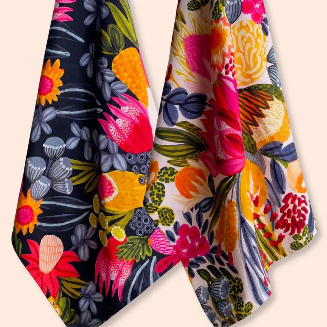 Premium Bush Flowers Tea Towel Set - 100% Cotton Kitchen Towels (Set of 3) - Absorbent & Decorative for Tea Time, Baking & Kitchen Decor