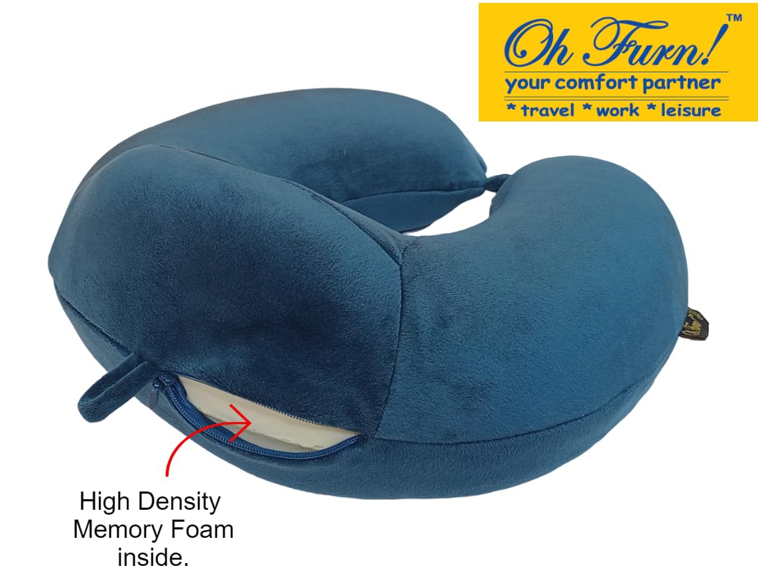 Oh Furn! Memory Foam Travel Neck Pillow - U-Shaped Ergonomic Neck Support for Airplane, Car, Train & Bus - Soft Headrest Cushion for Comfortable Travel - Perfect for Long Flights & Road Trips (Blue)
