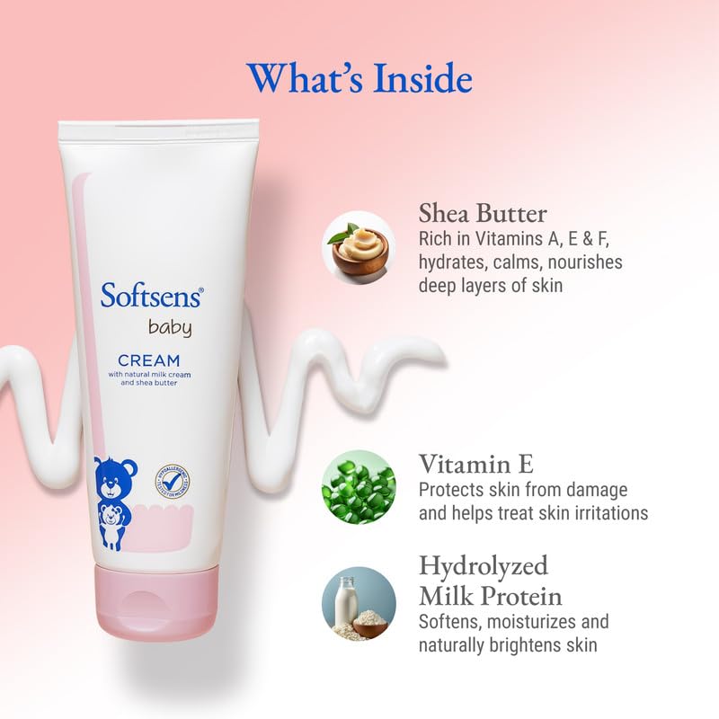 Softsens Baby Rich Moisturizing Cream - Natural Milk Cream & Shea Butter for Dry Skin | Hypoallergenic, Paraben-Free, Dermatologist Tested | 100g (Pack of 2) | Perfect for Daily Baby Care & Eczema Relief