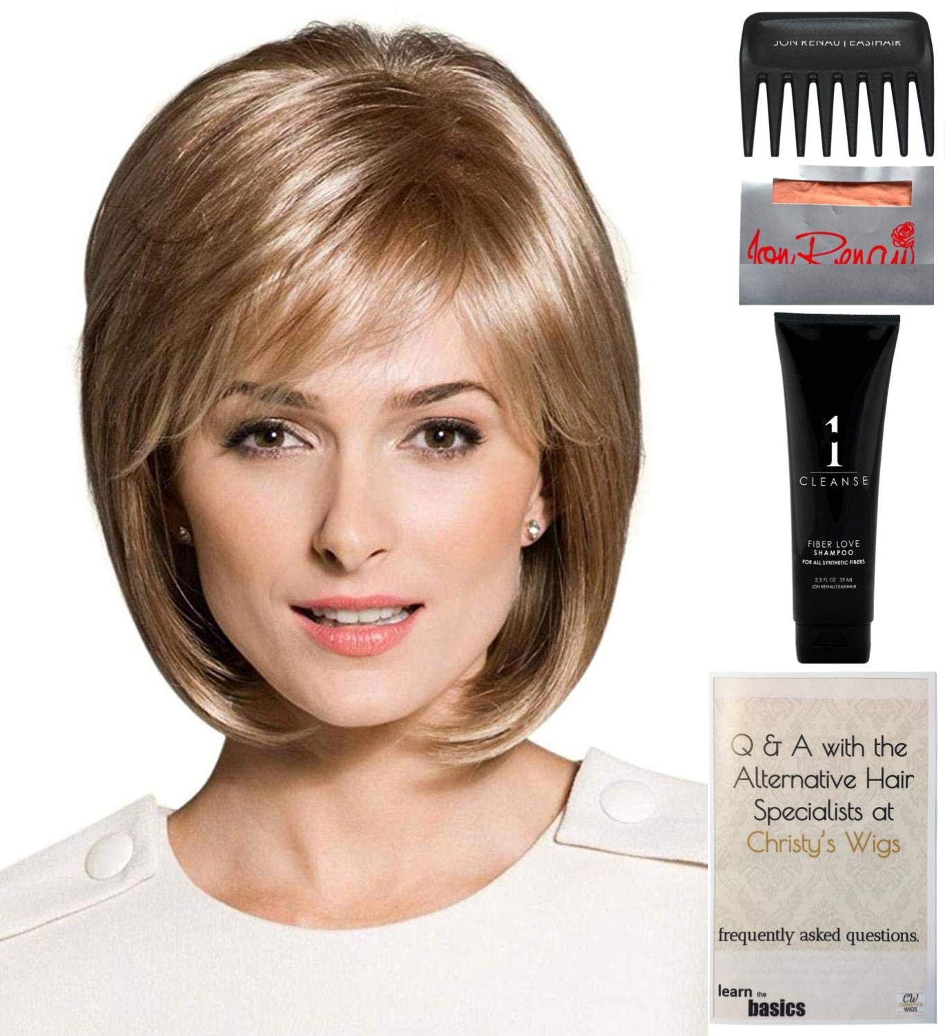 Rene Paris Cameron Wig Bundle - 5 Piece Set with Christy's Wigs Q&A Booklet, Travel Size Wig Shampoo (2oz), Wig Cap & Wide Tooth Comb - Chestnut Brown Color - Perfect for Cosplay, Costume Parties & Everyday Wear