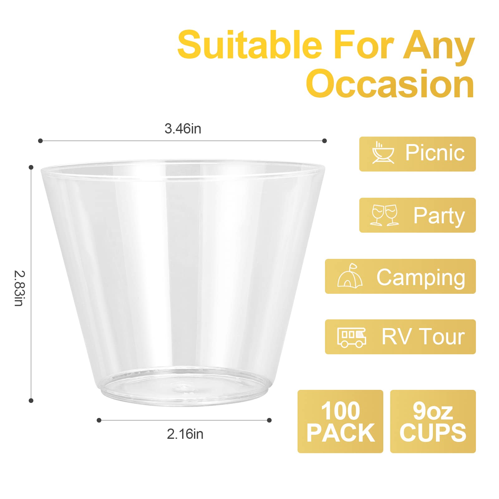 EASERCY 9 Oz Clear Plastic Cups - 100 Pack Disposable & Recyclable Party Cups for Wine, Cocktails, Weddings, and Elegant Events - Perfect for Home Decor, Bridal Showers, and Celebrations