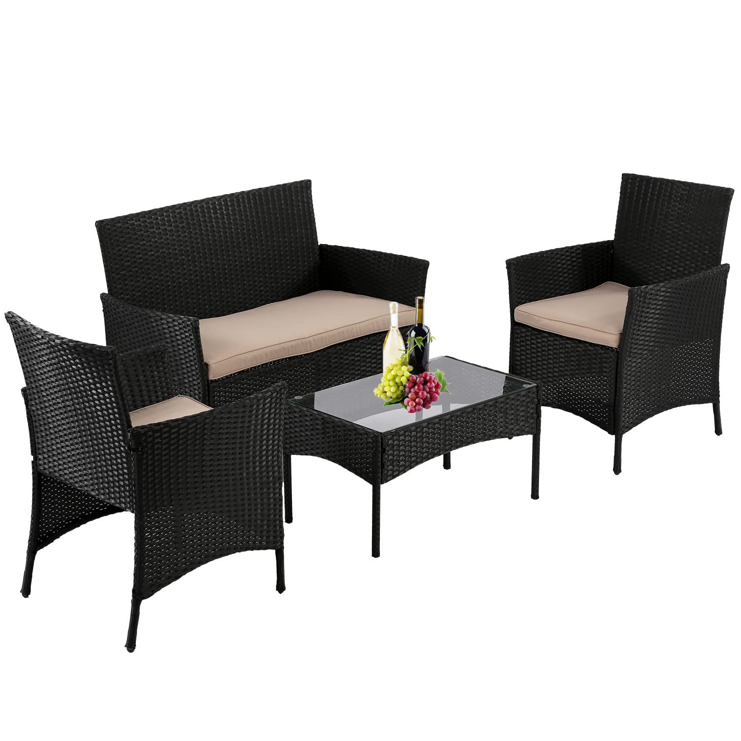 HCY 4-Piece Outdoor Patio Furniture Set - Rattan Wicker Sofa & Chairs with Tempered Glass Table - Black Conversation Dining Set for Porch, Backyard, Lawn, Pool - Perfect for Outdoor Entertaining & Relaxation