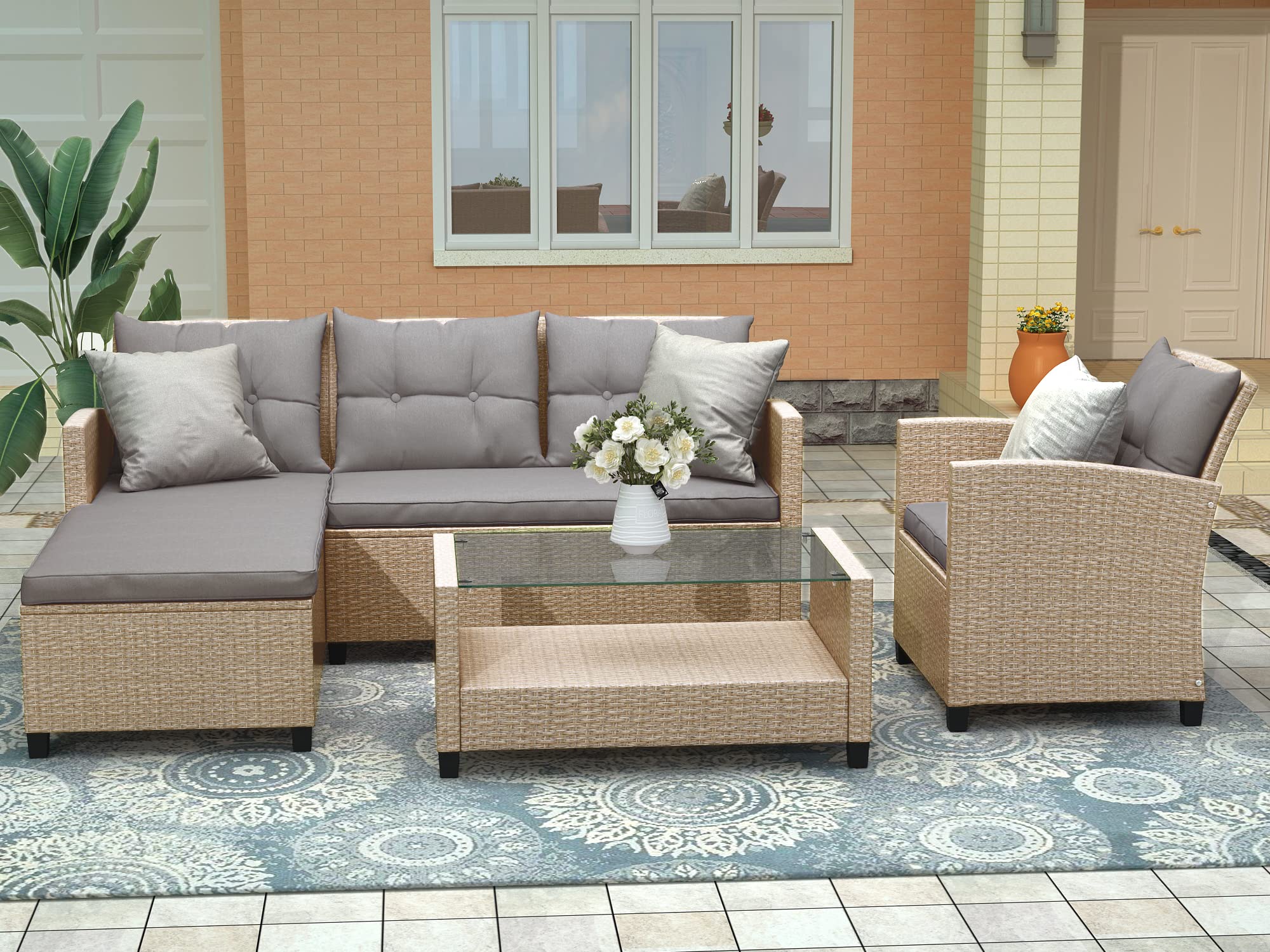 4-Piece Outdoor Patio Furniture Set - Wicker Rattan Sectional Sofa with Cushions for Garden, Poolside & Backyard Relaxation