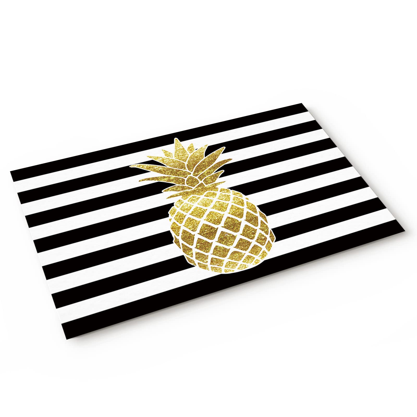 Non-Slip Black Striped Floor Mats 18x30 Inch - Gold Pineapple Design Low Profile Indoor Welcome Mats for Bedroom, Bathroom & Living Room | Home Decor & Safety