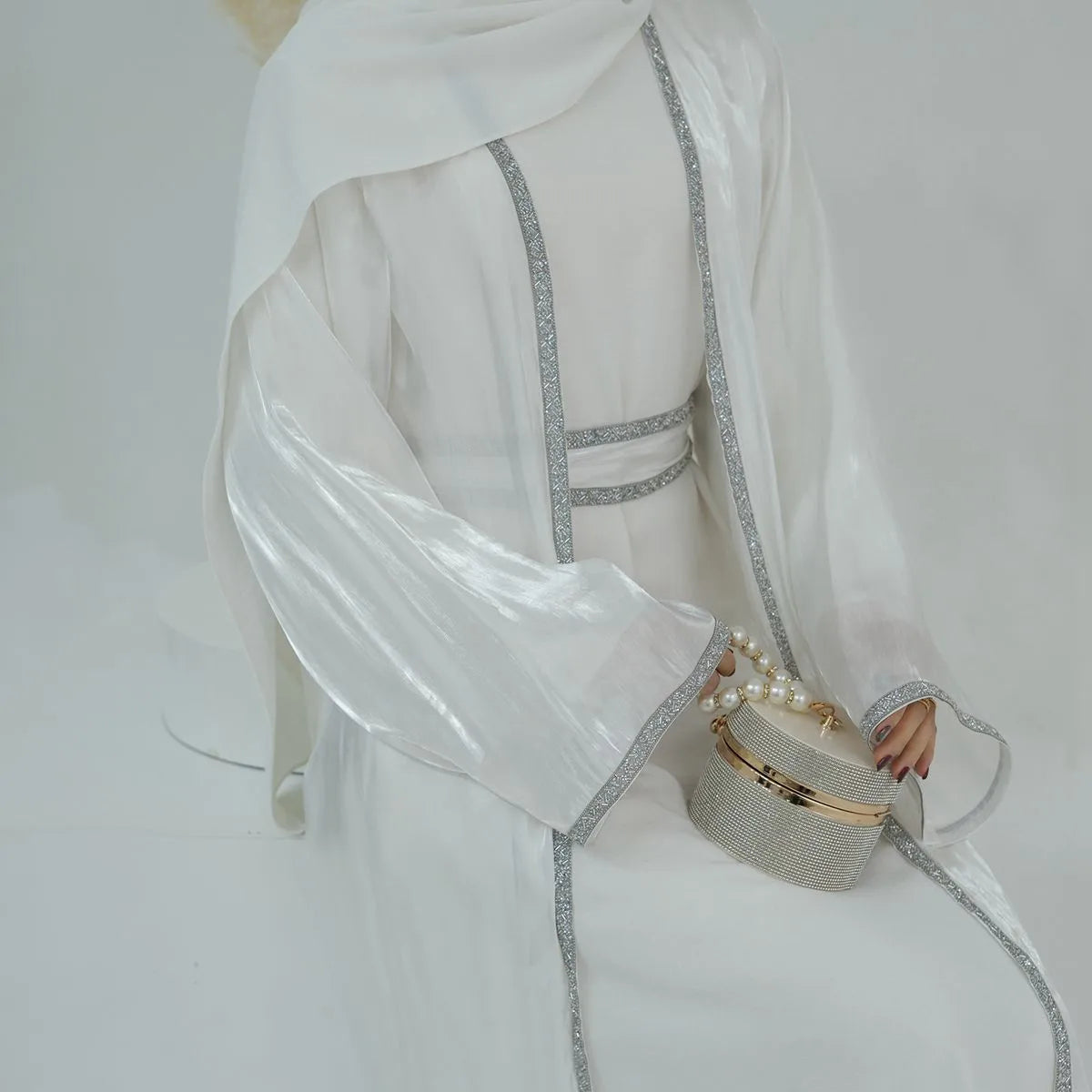 2-Piece Hotfix Rhinestone Sparkling Open Abaya Dress Set with Inner Dress - Perfect for Weddings, Parties & Special Occasions