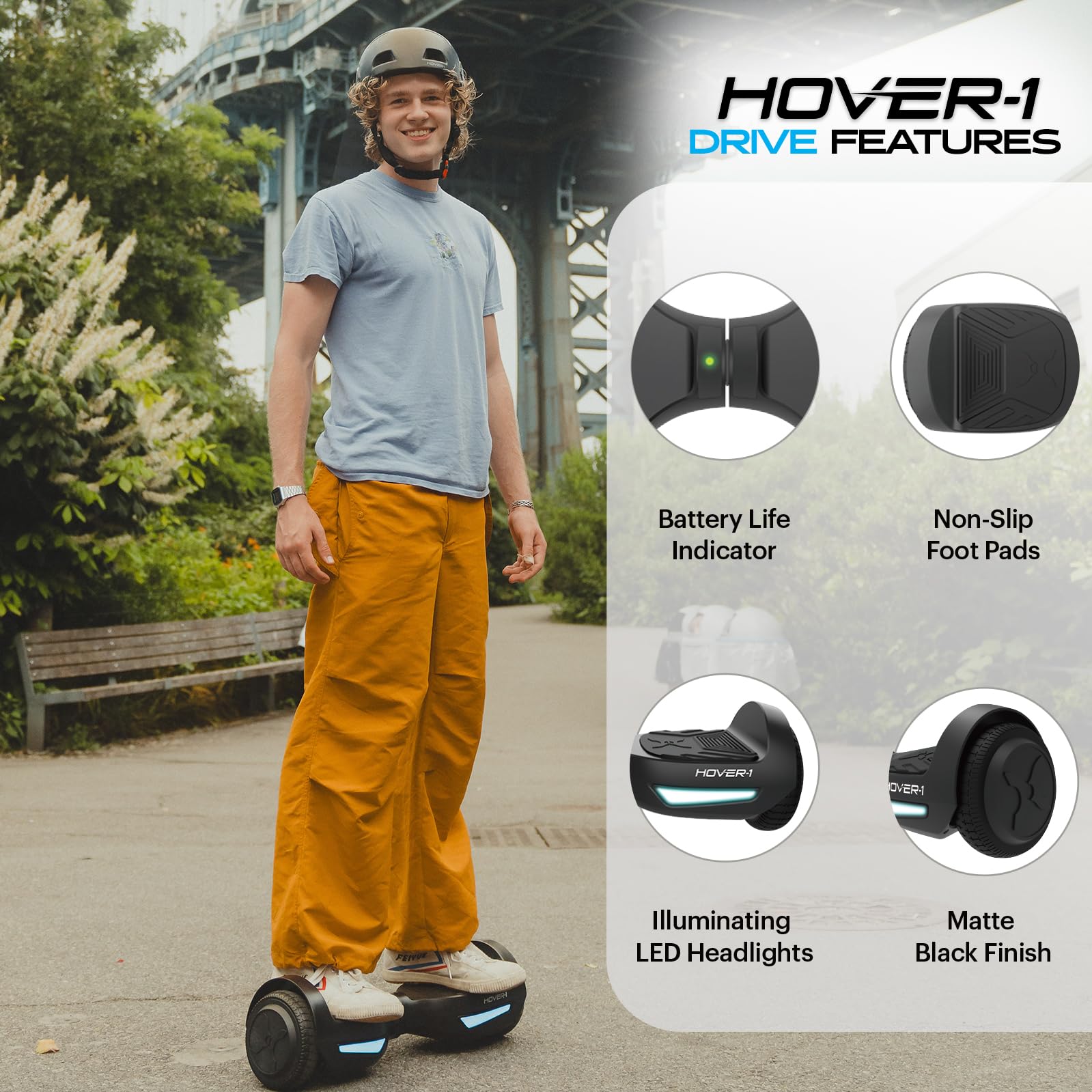 Hover-1 Drive Electric Hoverboard with LED Lights - 7MPH Top Speed, 3 Mile Range, Rechargeable Lithium-Ion Battery (6HR Charge) - Perfect for Commuting, Campus Travel & Outdoor Fun