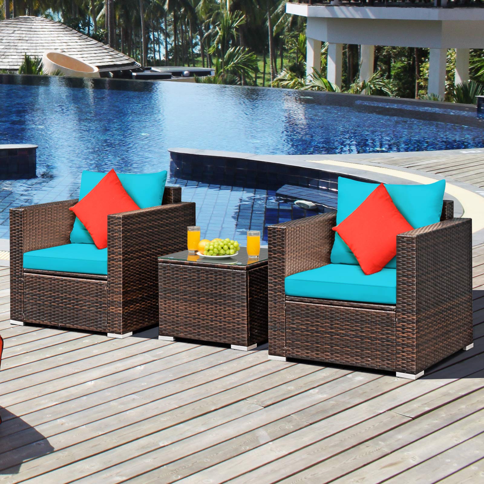 Tangkula 3-Piece Outdoor Patio Furniture Set with Washable Cushions & Tempered Glass Table - PE Wicker Rattan Sofa Set for Garden, Poolside, Balcony - Perfect for Backyard Relaxation & Outdoor Entertaining