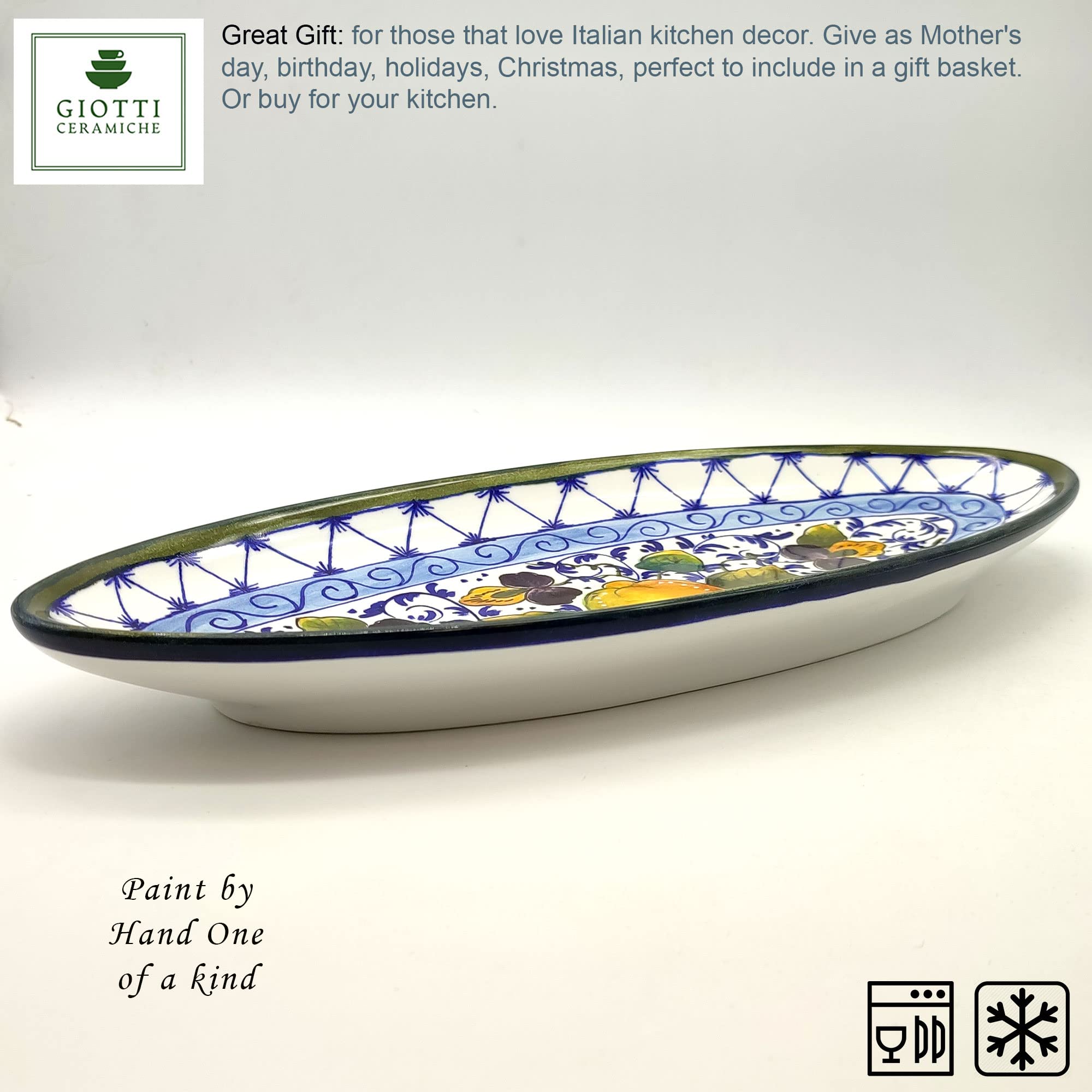 Italian Hand-Painted Small Oval Ceramic Tray - Tuscan Kitchen Serving Bowl for Meat, Lemon & Salad - Authentic Made in Italy Dinnerware Platter - Perfect for Entertaining, Dining & Home Decor
