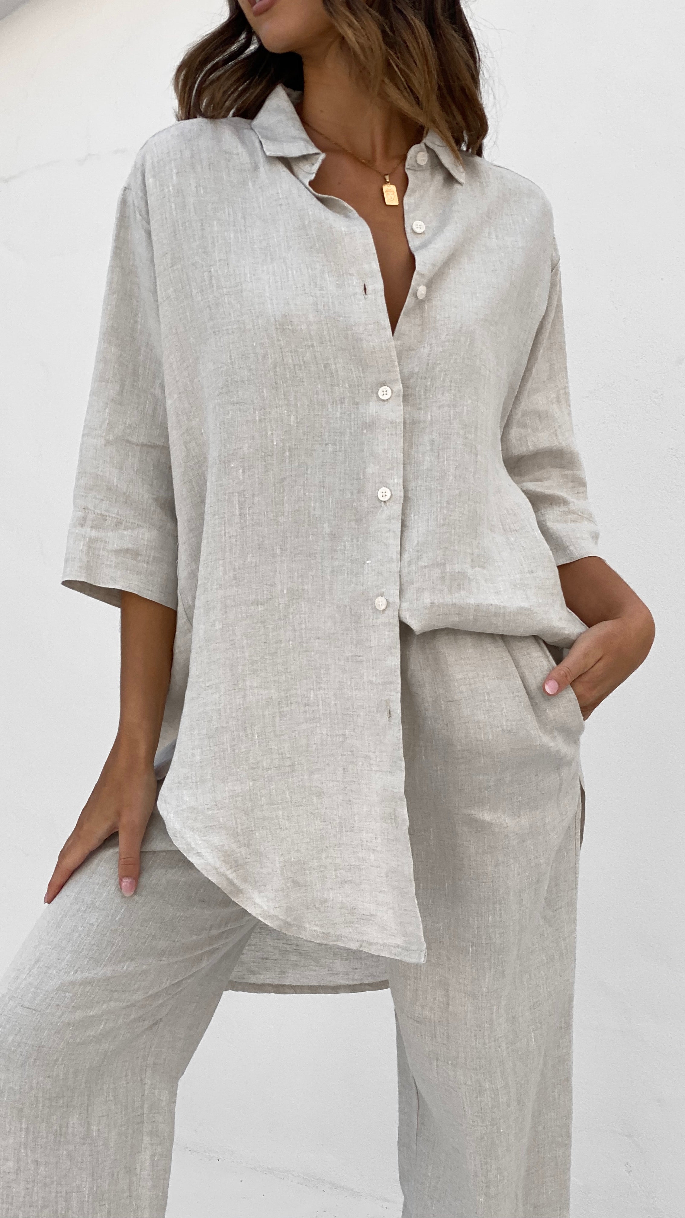 Stylish Lounge Linen Longline Shirt for Women - Natural Color - Perfect for Casual Outings, Beach Cover-ups & Summer Fashion