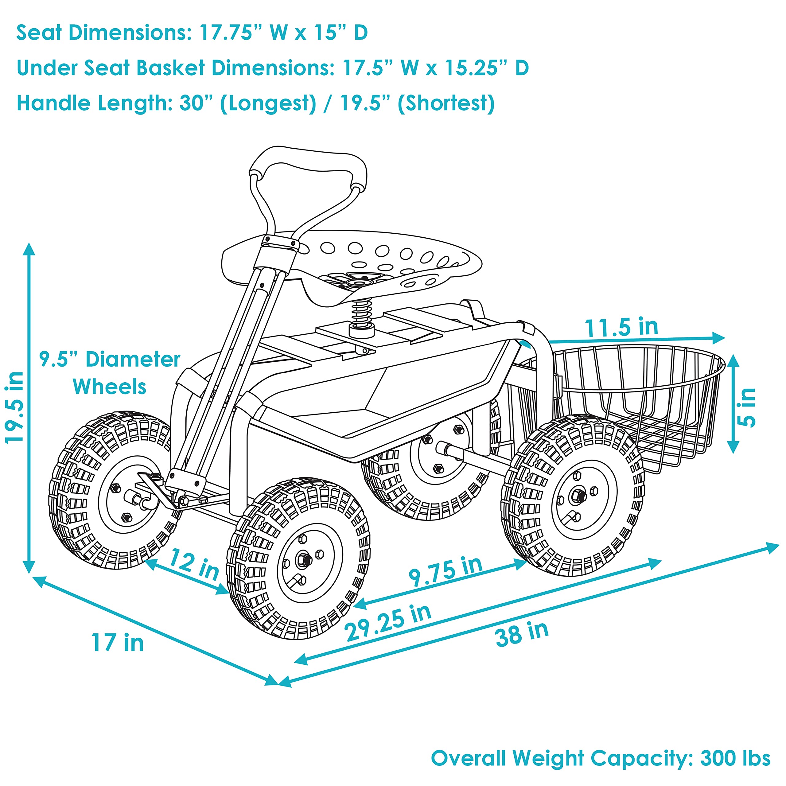 Sunnydaze Rolling Garden Stool with Wheels - Extendable Handle, Swivel Seat & Utility Tray - Red Outdoor Gardening Stool for Planting, Weeding & Yard Work