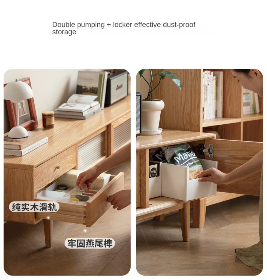 Solid Oak Wood TV Stand with Sliding Doors - Modern Entertainment Center for Living Room, Bedroom & Home Theater