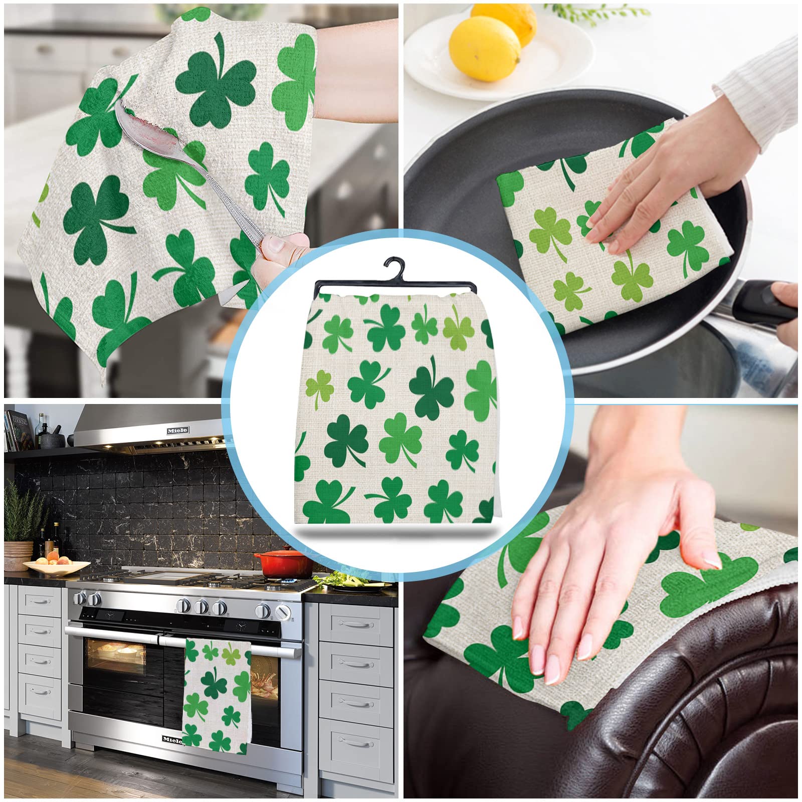 Premium Microfiber Kitchen Towels - Pack of 4 Super Absorbent Reusable Dish Towels (18x28 Inch) - St. Patrick's Day Green Clover Leaf Design for Lucky Shamrock Decor - Ideal for Kitchen Cleaning, Dish Drying, Bar Service & Tea Time