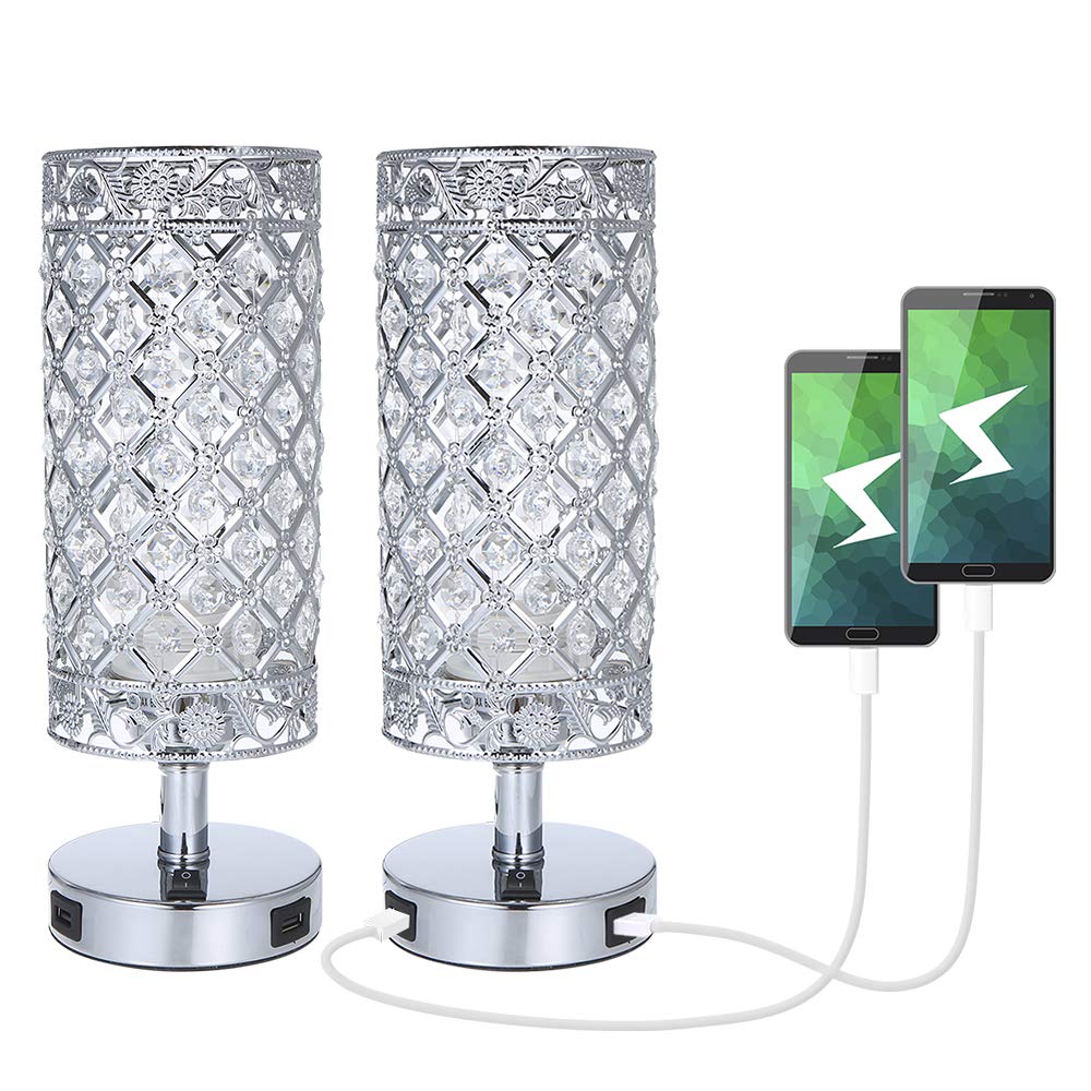 USB Crystal Table Lamp Set of 2 - Modern Elegant Nightstand & Desk Lamps with USB Charging Ports, Silver Crystal Bedside Lamps for Bedroom, Living Room, Home Office - Perfect for Reading, Working & Charging Devices