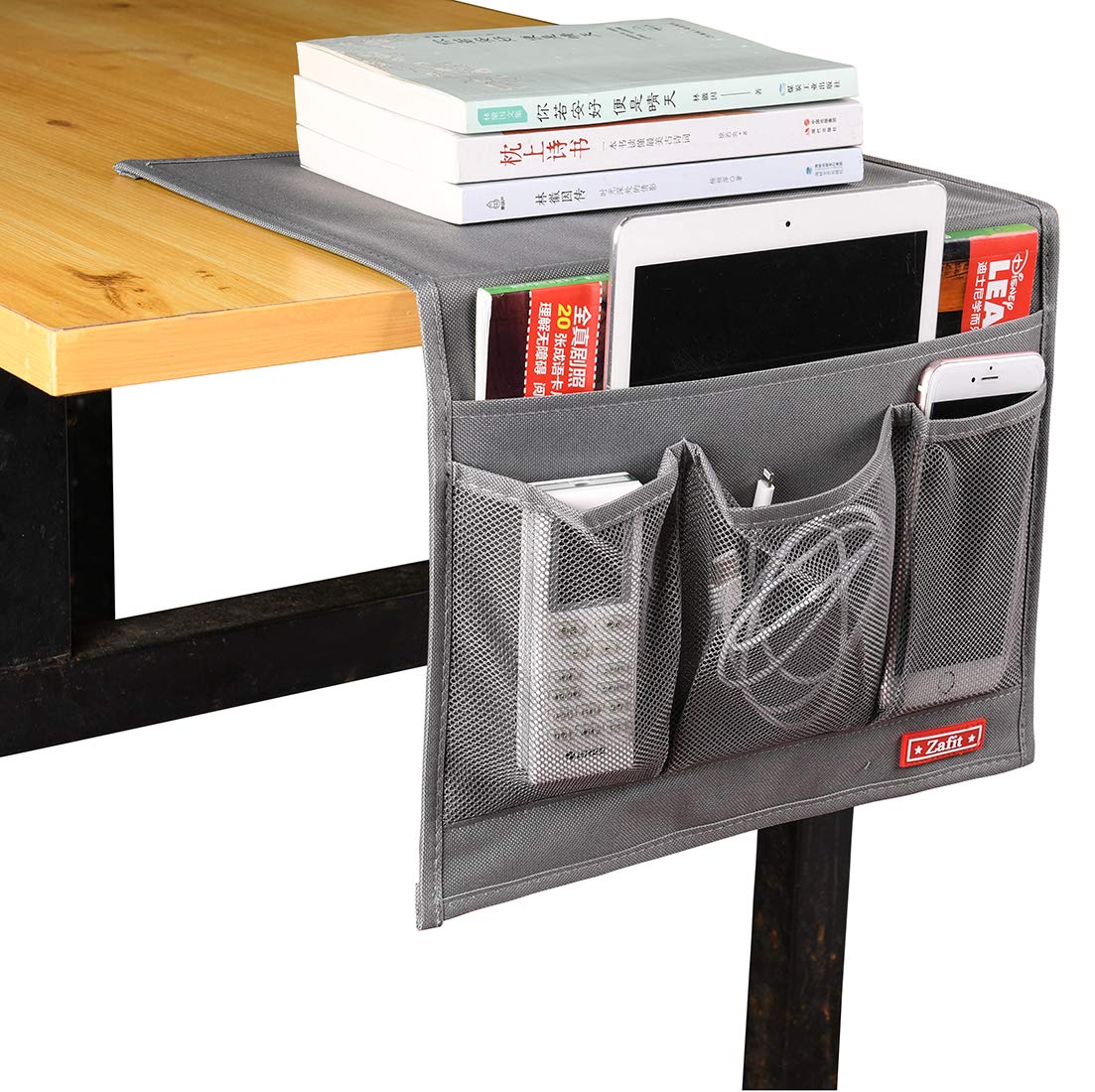 Bedside Storage Organizer with 4 Pockets - Grey | Nightstand Caddy for Phone, Glasses, Remote Control & Essentials | Perfect for Bedroom, Living Room & Office Organization