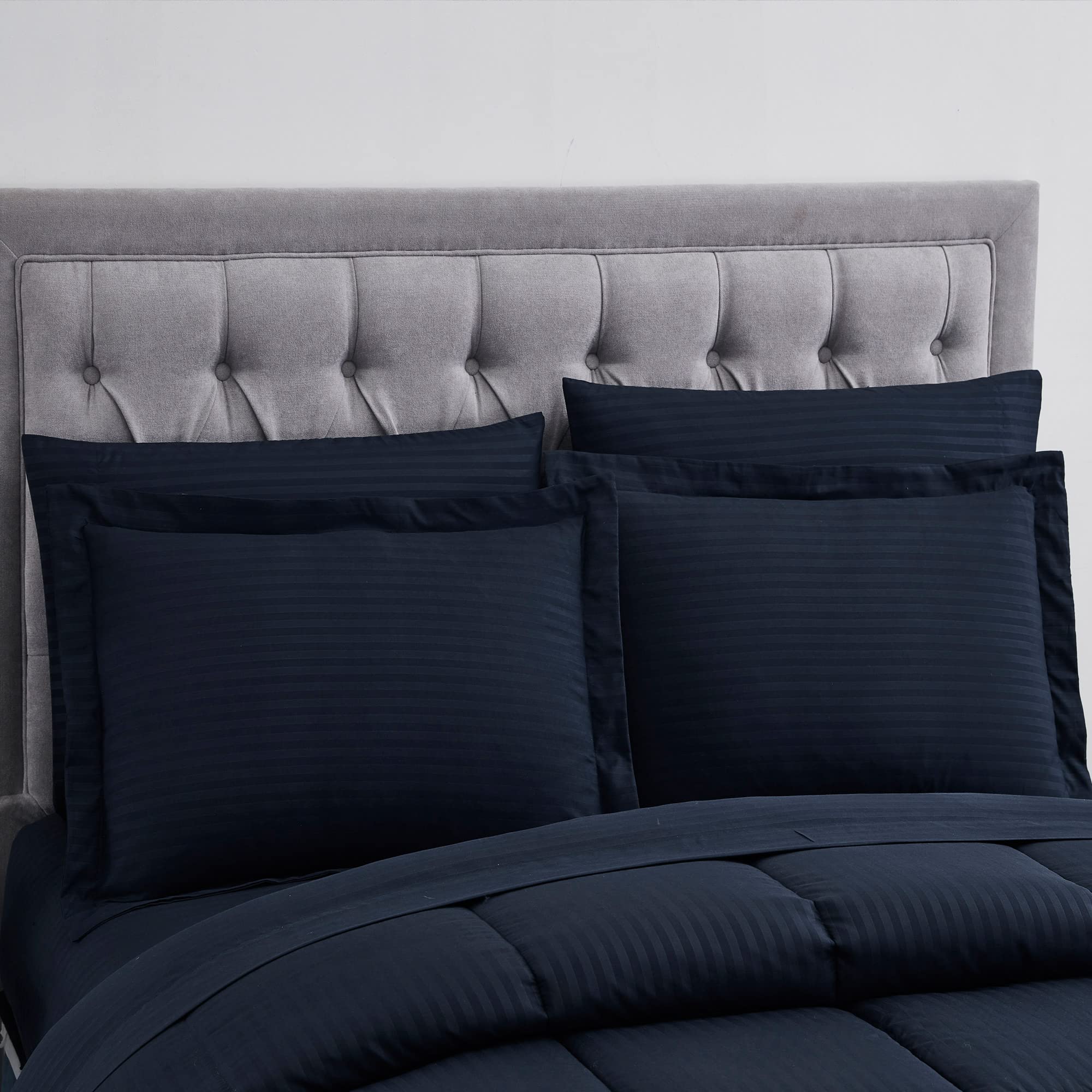 8-Piece Queen Comforter Set - Bed in a Bag with Bed Skirt, Fitted Sheet, Flat Sheet, 2 Pillowcases & 2 Shams - Dobby Navy Blue Luxury Bedding - Perfect for Master Bedroom, Guest Room & Dorm Decor