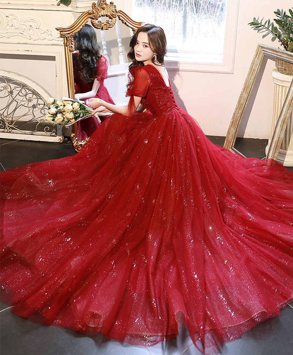 Elegant Burgundy V-Neck Tulle Lace Long Prom Dress for Women - Perfect for Formal Dances, Evening Galas & Special Occasions