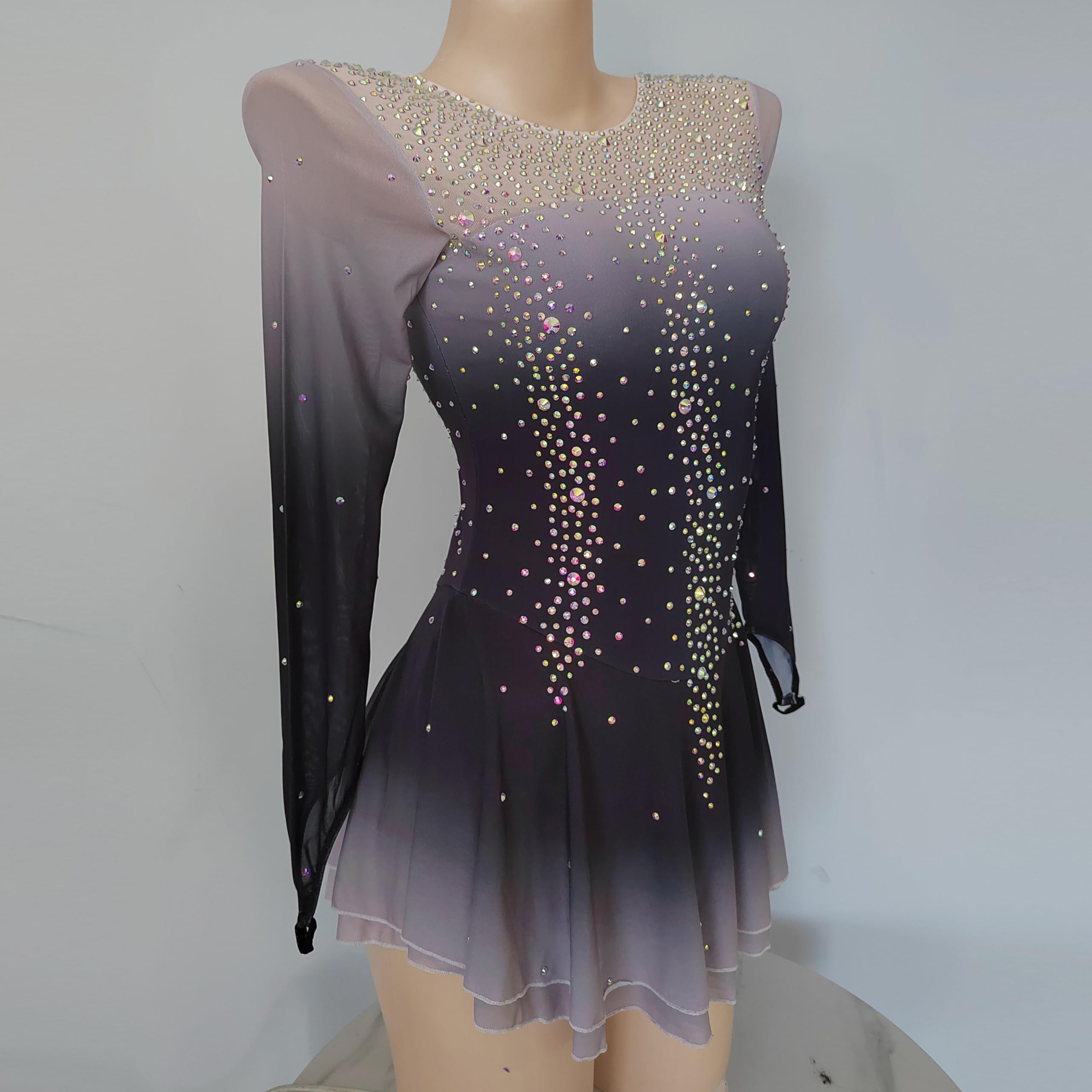LIUHUO Black & Gray Gradient Figure Skating Skirt for Girls - Competition & Performance Wear - Perfect for Ice Shows, Training, and Dance Routines