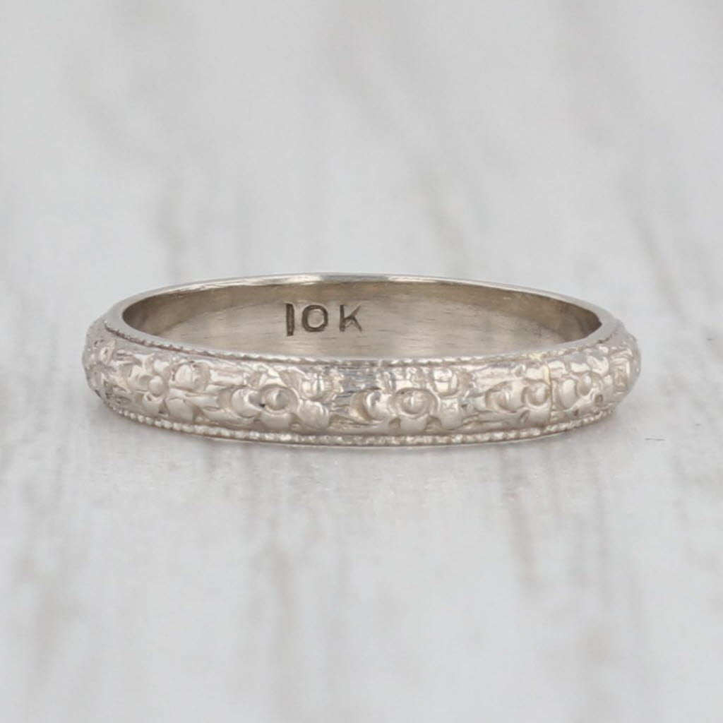10k White Gold Antique Floral Baby Ring - Dainty Small Size Keepsake Band for Newborns, Christening Gifts & First Birthday Presents