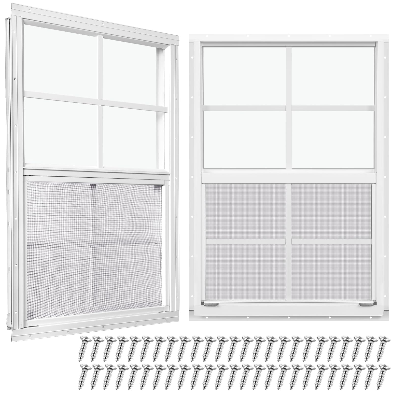 Tandefio 2-Pack 18x27 Inch White Flush Mount Shed Windows with Tempered Glass & Screen - Sliding Windows with Vertical Slider & Screws - Perfect for Chicken Coops, Loft Sheds, Barns & Outdoor Structures