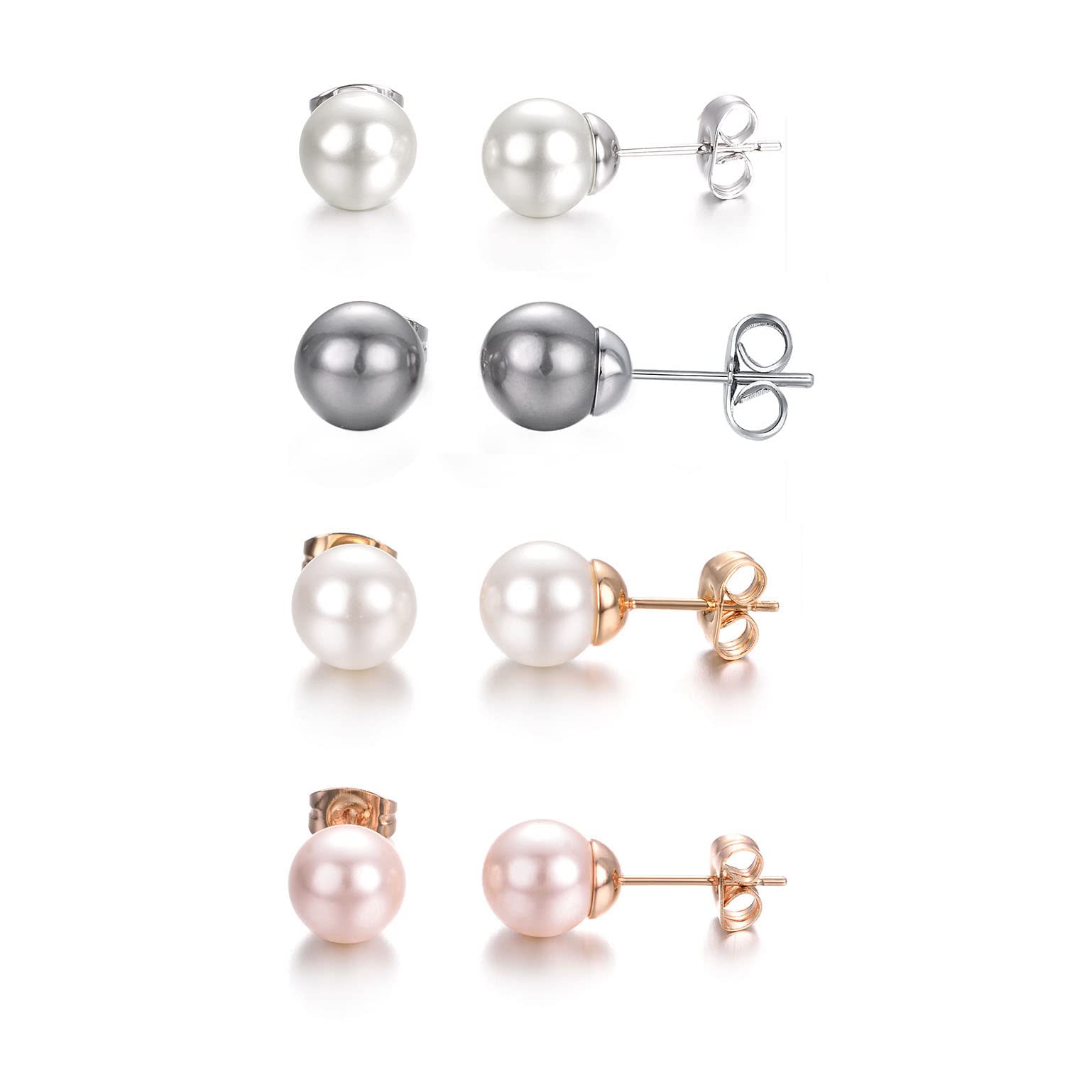 4 Pairs Colored Pearl Stud Earrings for Women - 8mm White, Pink & Grey Pearl Earring Set - Hypoallergenic Pierced Jewelry - Perfect for Daily Wear, Office & Special Occasions