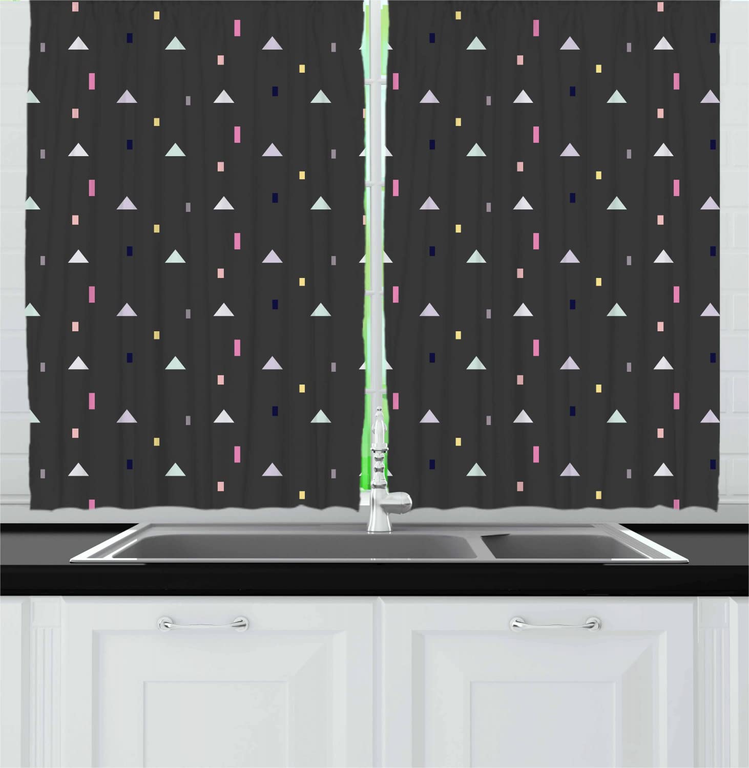 Ambesonne Geometric Long Kitchen Curtains - Abstract Triangle Pattern Modern Drapes with Rod Pocket, 55