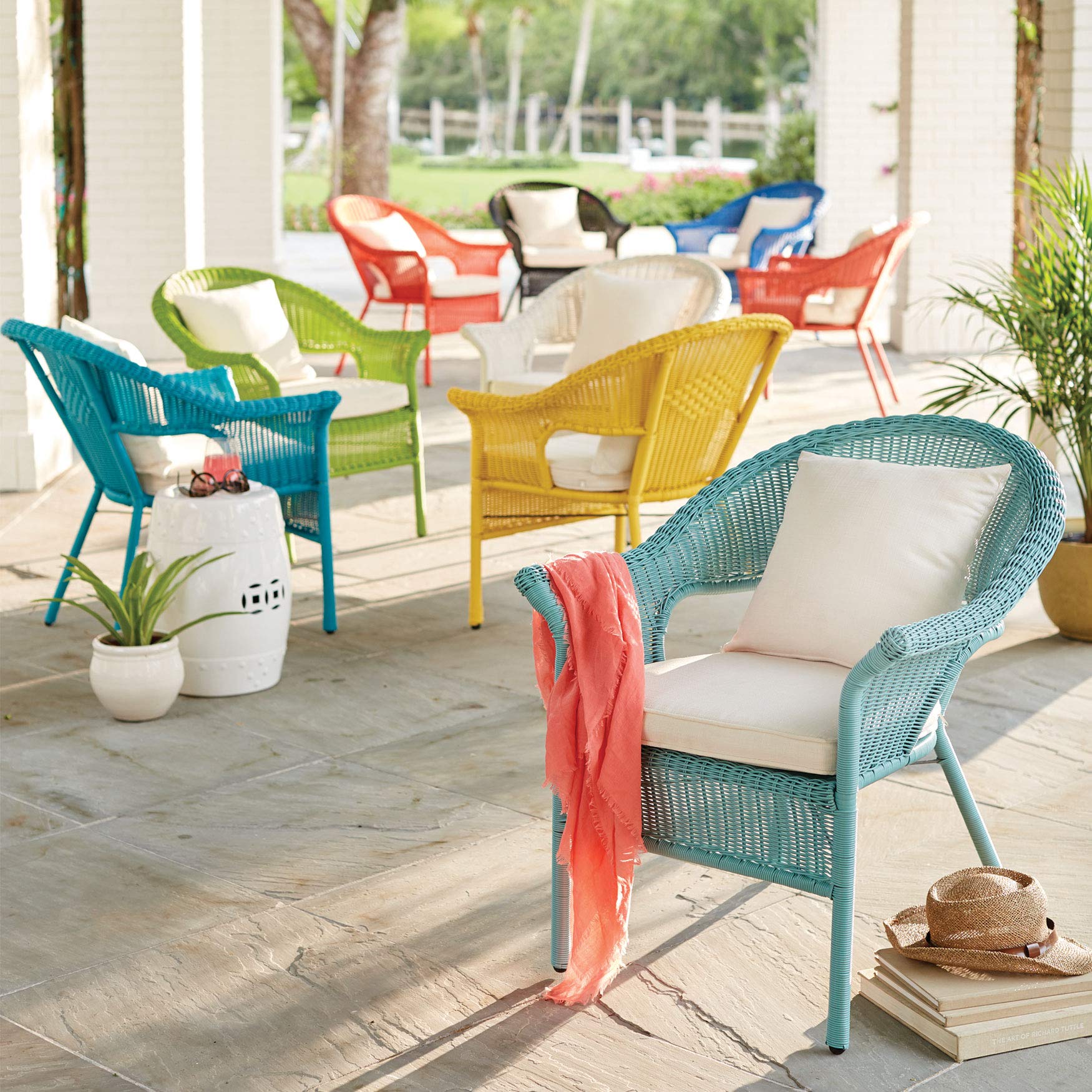 BrylaneHome Outdoor Weather Resistant Roma Hand-Woven Resin Wicker Stacking Chair with Free Seat & Back Cushions - 250 lb Capacity, White - Perfect for Patio, Deck, Backyard, Garden & Poolside Relaxation