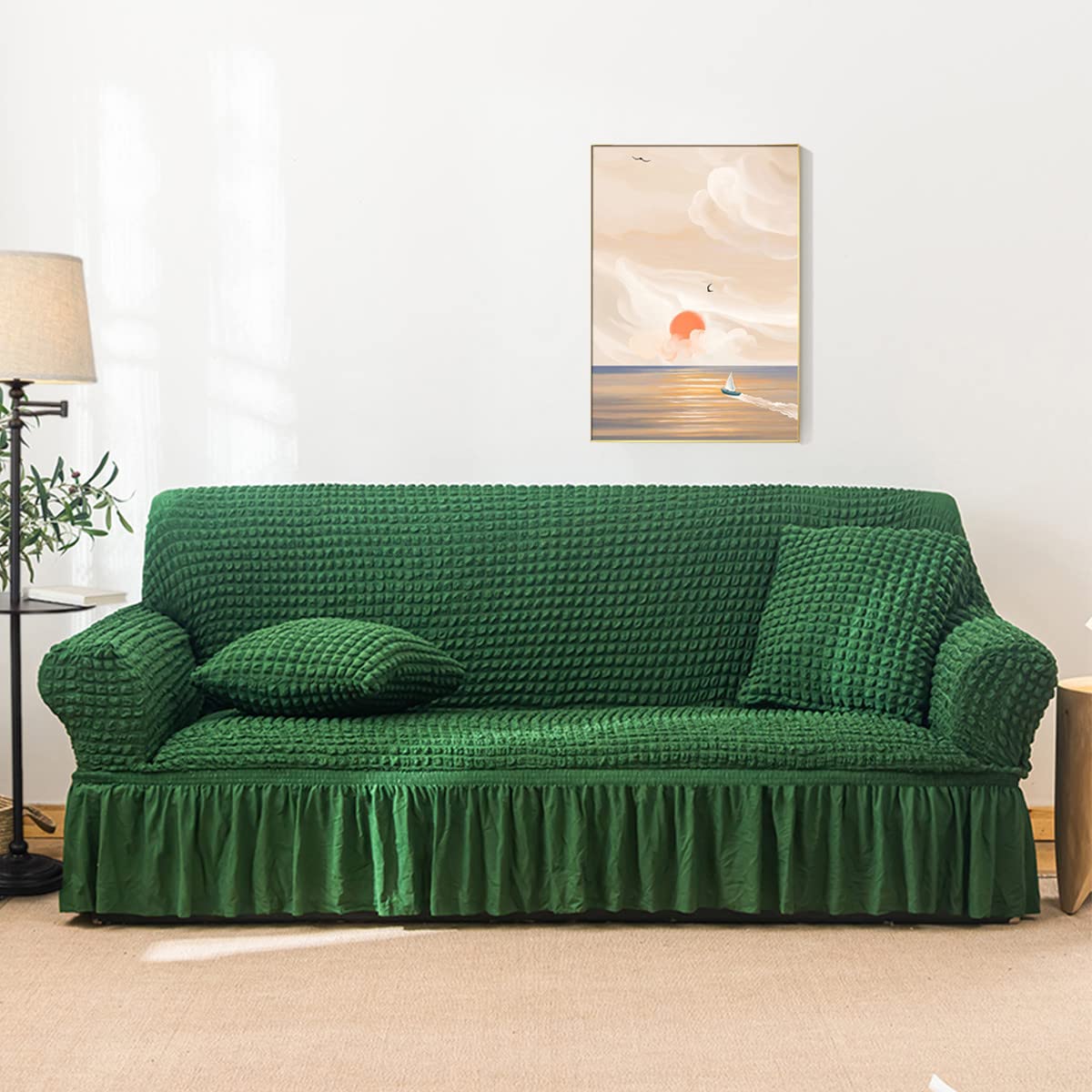 Qubjus Stretch Sofa Slipcover - Washable Couch & Sofa Bed Cover - Easy Fit Furniture Protector with Elastic Bottom & Skirt - Dark Green, Medium - Perfect for Living Room, Bedroom, or Office Decor