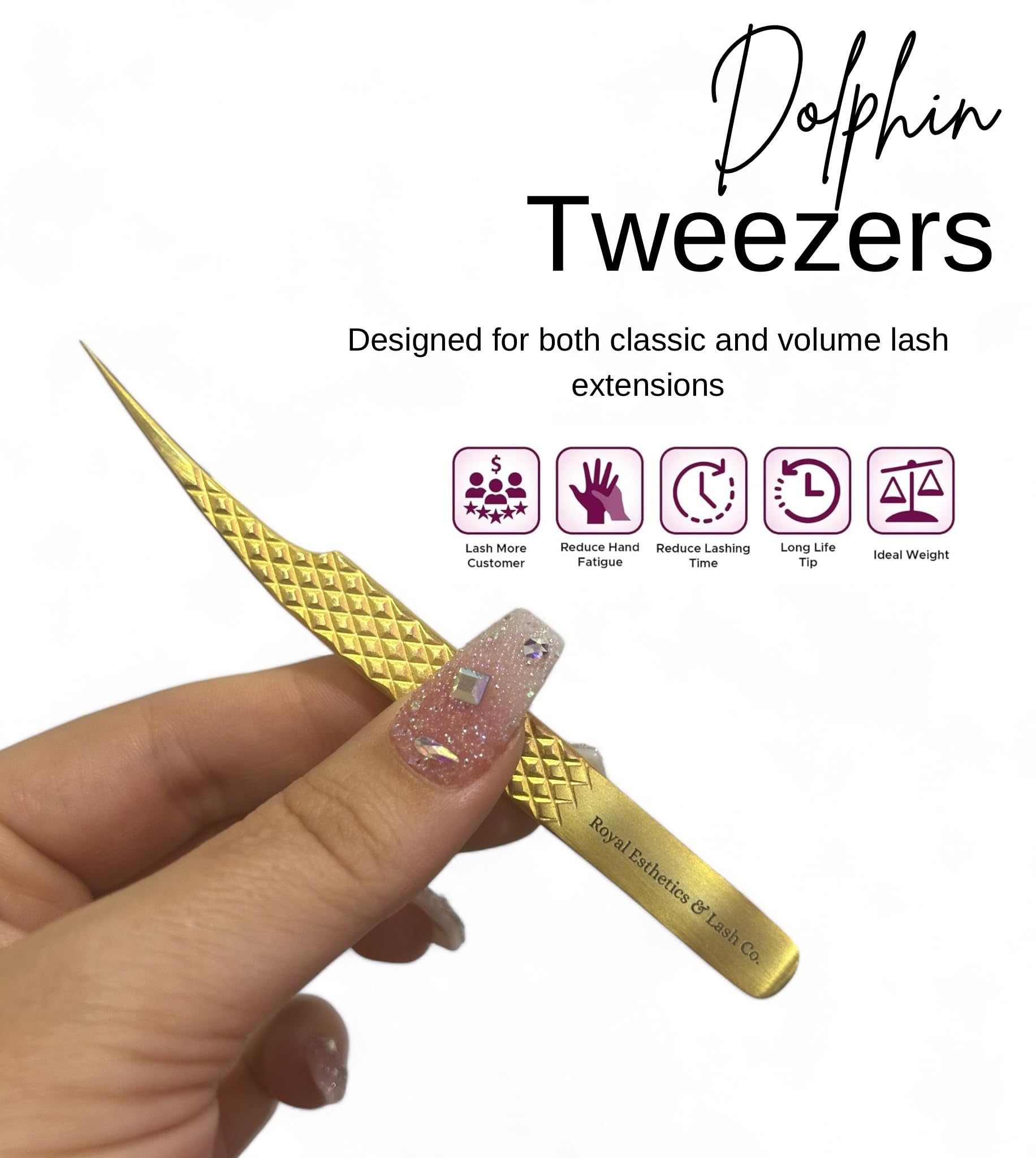 Premium Fiber Tip Eyelash Extension Tweezer - Royalty Dolphin Style GD-03 for Professional Lash Artists & DIY Beauty | Salon & Home Use
