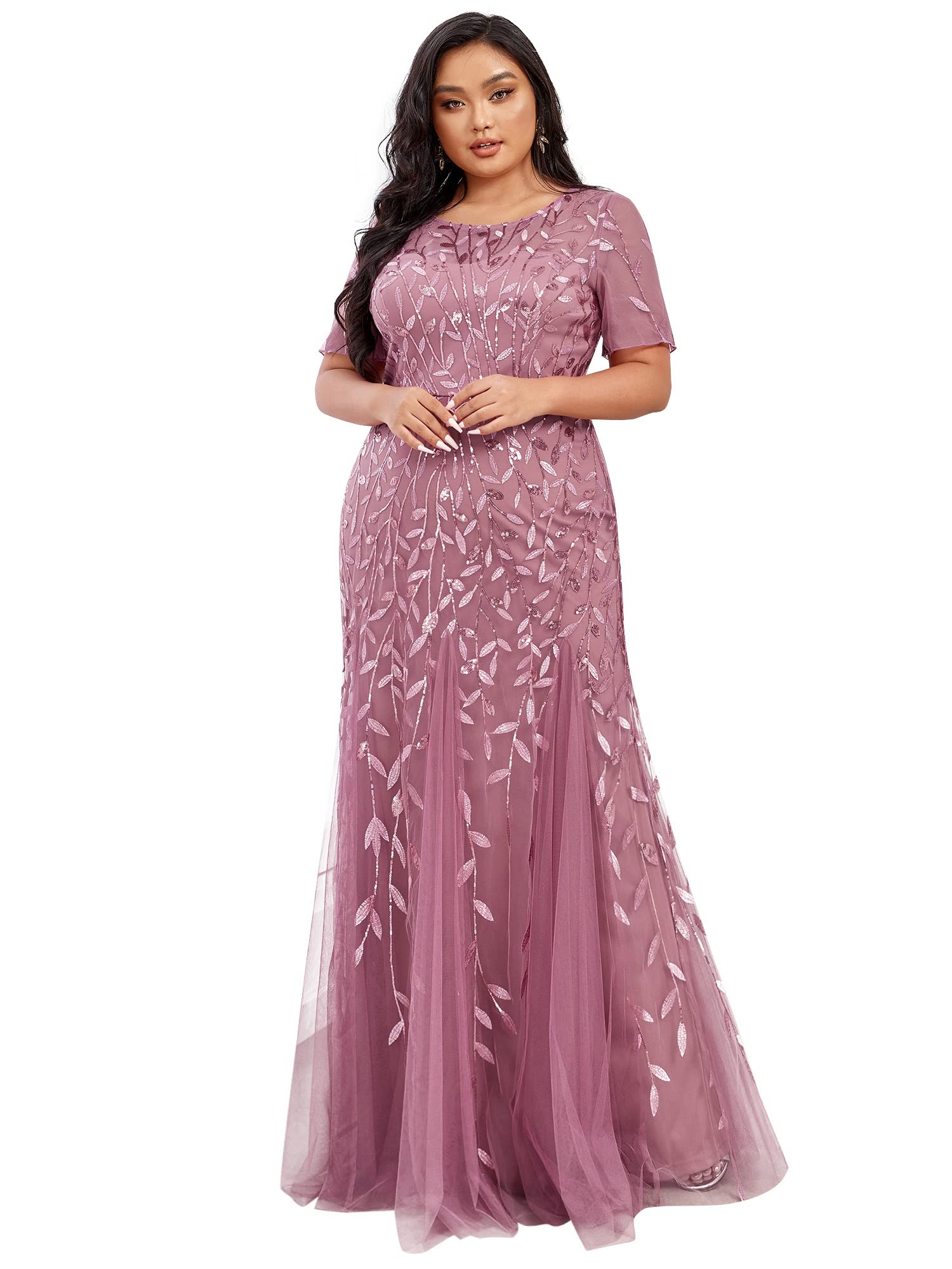 Ever-Pretty Women's Plus Size Embroidery Sequin Short Sleeve Bodycon Maxi Formal Dress 07707-PZUSA - Perfect for Evening Parties, Weddings & Special Occasions