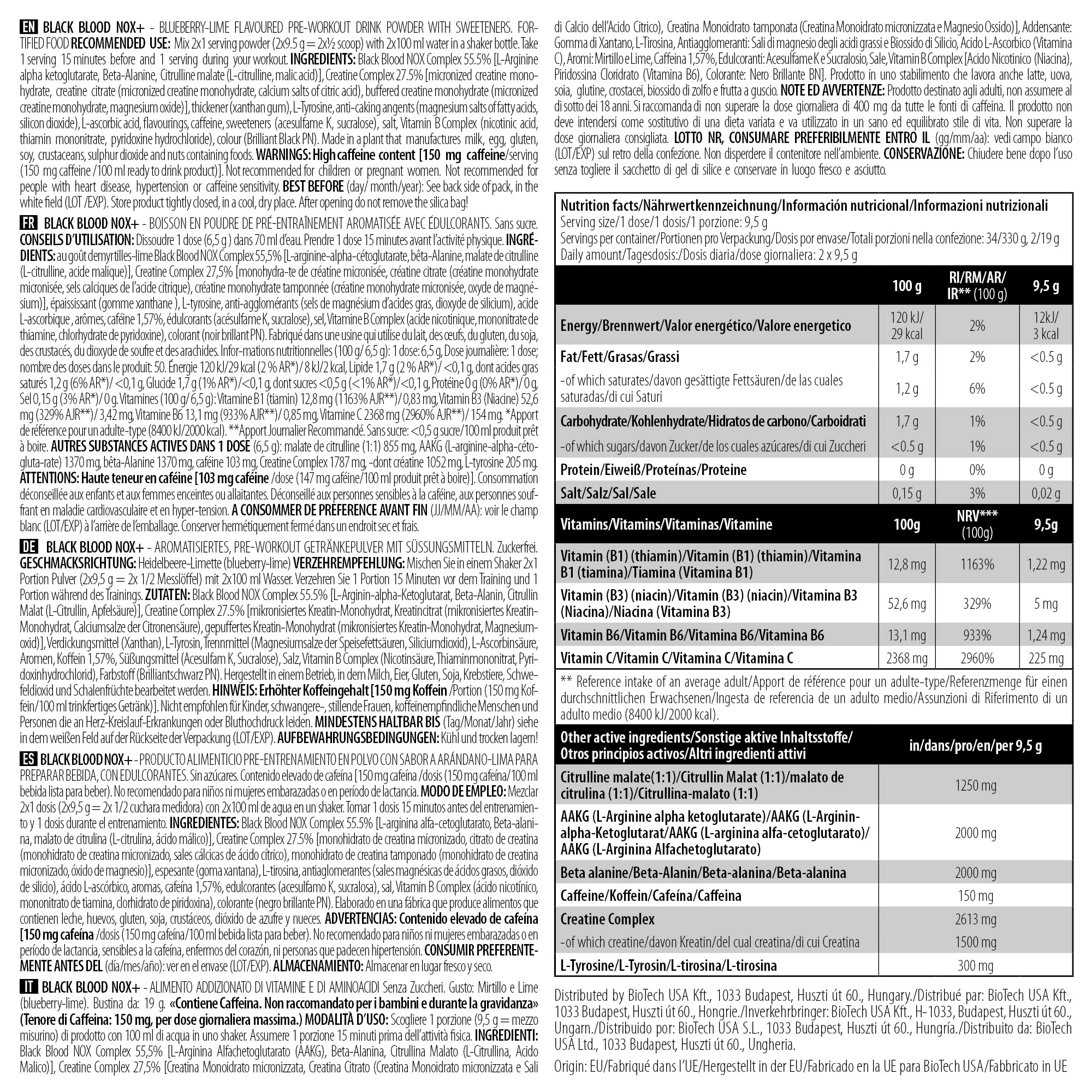 BioTechUSA Black Blood NOX+ Pre-Workout Supplement - Blueberry Lime Flavor, 330g | Energy & Performance Booster for Gym & Fitness Enthusiasts