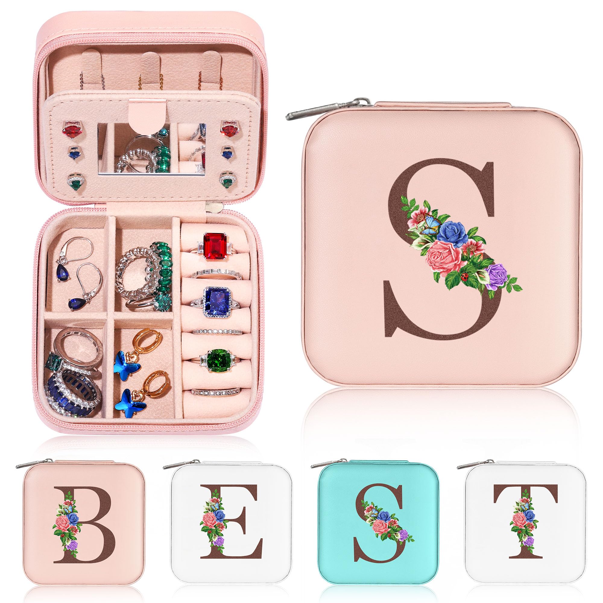 Yesteel Personalized Jewelry Organizer Box with Mirror - Initial Travel Jewelry Case for Necklaces, Rings & Earrings | Perfect Valentine's Day, Birthday Gift for Mom (Letter S) | Great for Travel, Home Storage & Special Occasions