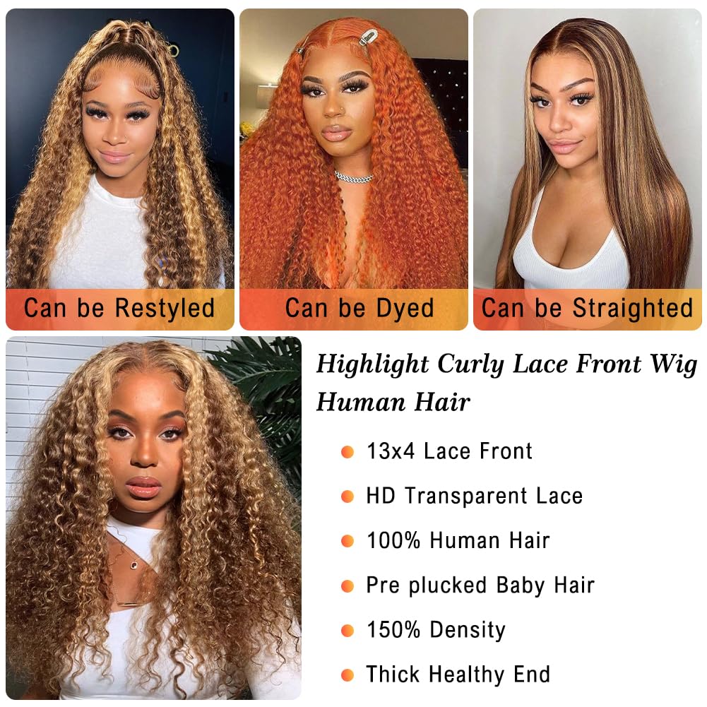 LuAiJa 28inch 13x4 HD Lace Front Wig - 180% Density Ombre Curly Human Hair Wig with Baby Hair & Pre-Plucked Hairline | Highlighted Deep Wave Wigs for Women | Perfect for Parties, Weddings & Daily Styling