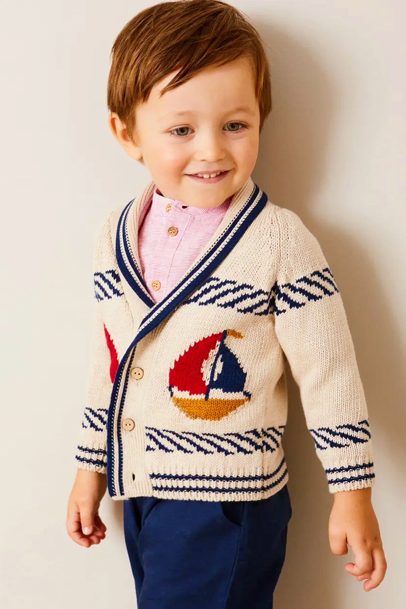 Stylish Beige Nautical Cardigan with Boat Motif Shawl Collar - Perfect for Casual Outings, Beach Trips, and Fall Layering