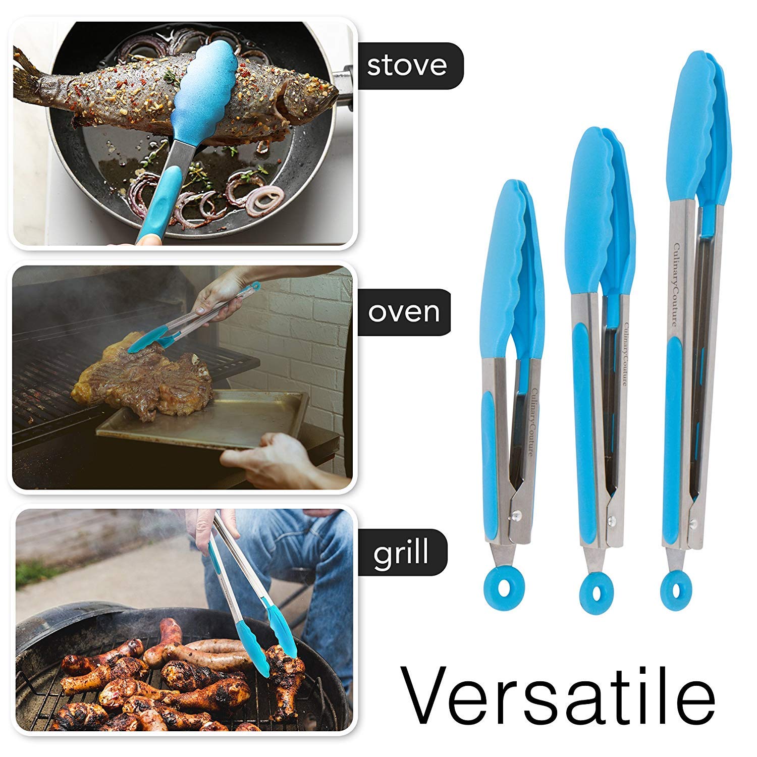 Premium Stainless Steel Cooking Tongs Set - 3 Sizes (7/9/12 Inch) - Heat Resistant & Non-Slip Grip - Blue Kitchen Utensils for Grilling, BBQ, Salad, Serving & Cooking