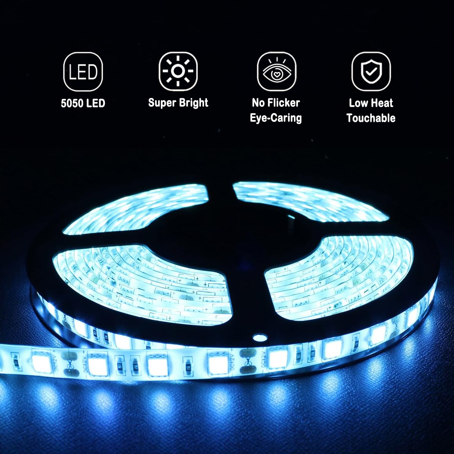 Waterproof Ice Blue LED Strip Light - 16ft/5m SMD5050 300 LEDs Flexible Cuttable DC12V Tape for Home, Bedroom, Kitchen, Party & Outdoor Decoration (No Power Adapter Included)