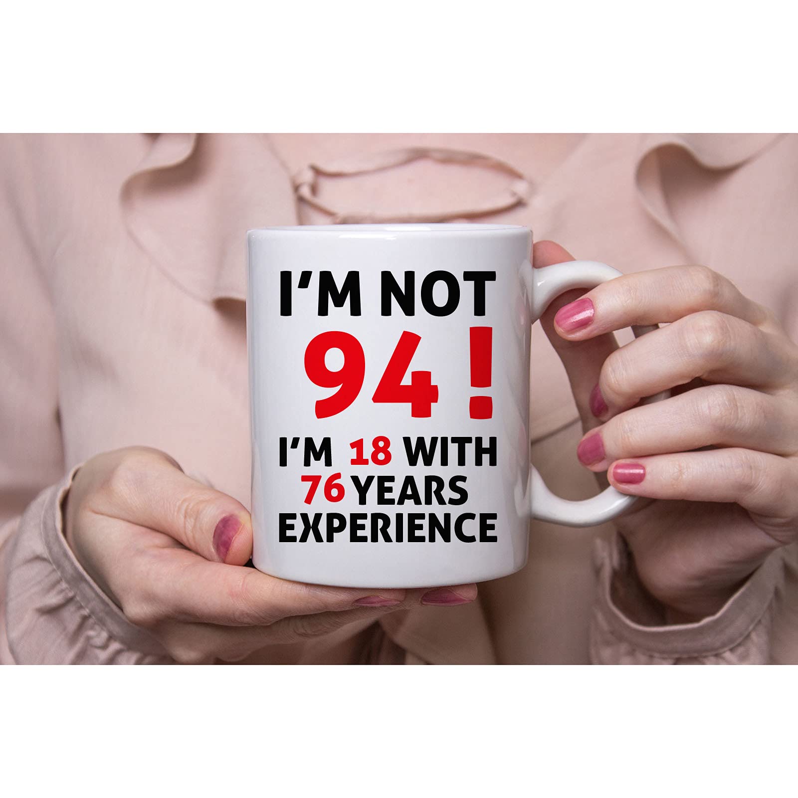 Funny 94th Birthday Gift Coffee Mug - 11oz 'I'm Not 94' Novelty Cup for Women, Men, Dad, Uncle, Brother, Grandpa, Grandma | 1930 Vintage Theme | Perfect 94 Year Old Birthday Present for Tea, Coffee & Office Use